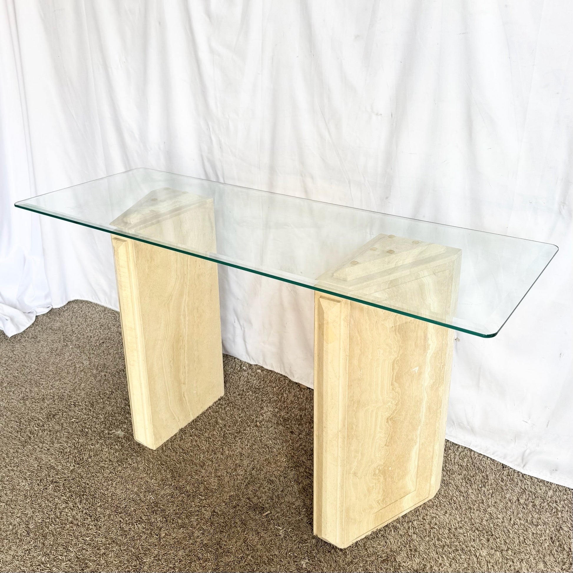 Vintage Glass Top Travertine Pedestal Console Table Dolphin & Flamingo