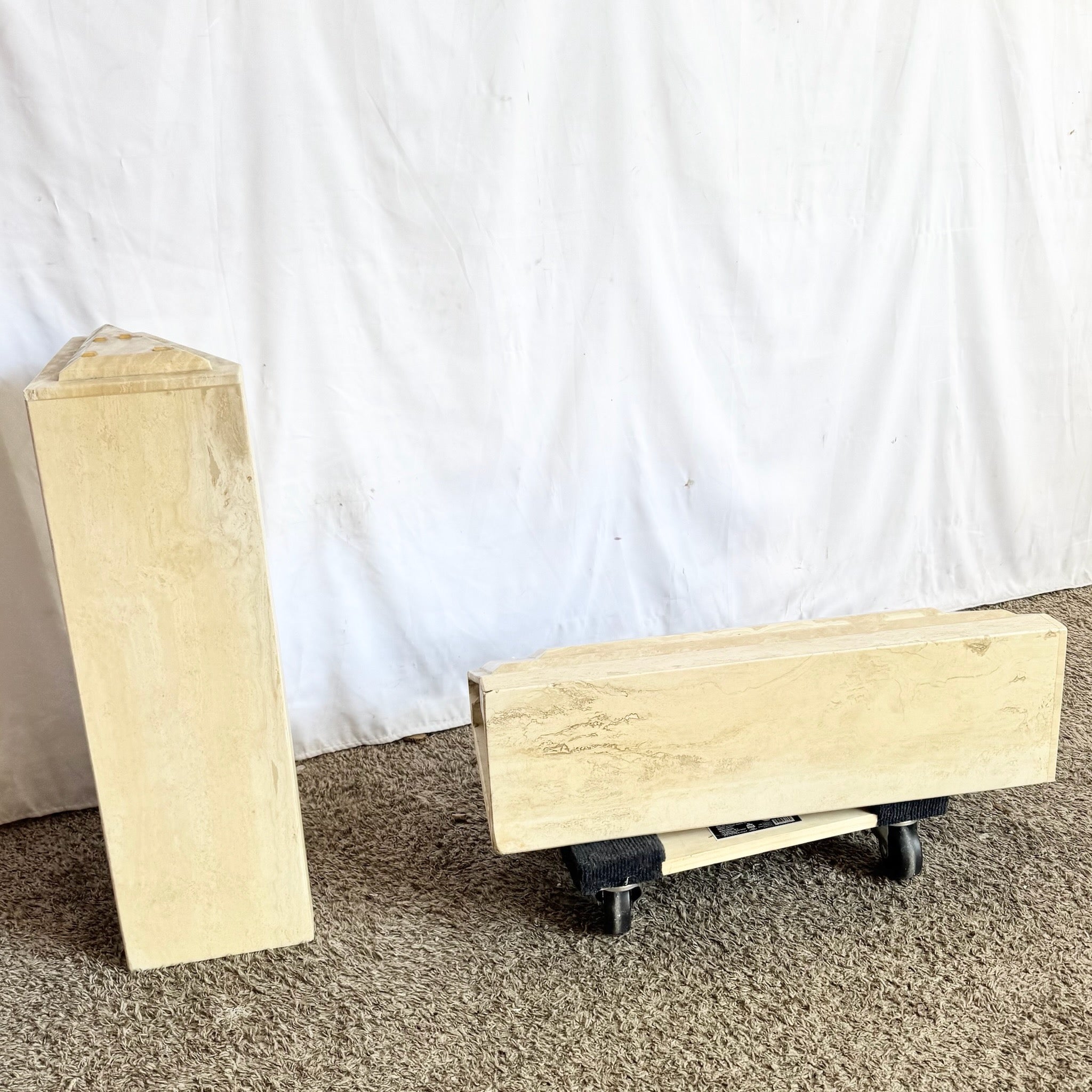 Vintage Glass Top Travertine Pedestal Console Table Dolphin & Flamingo