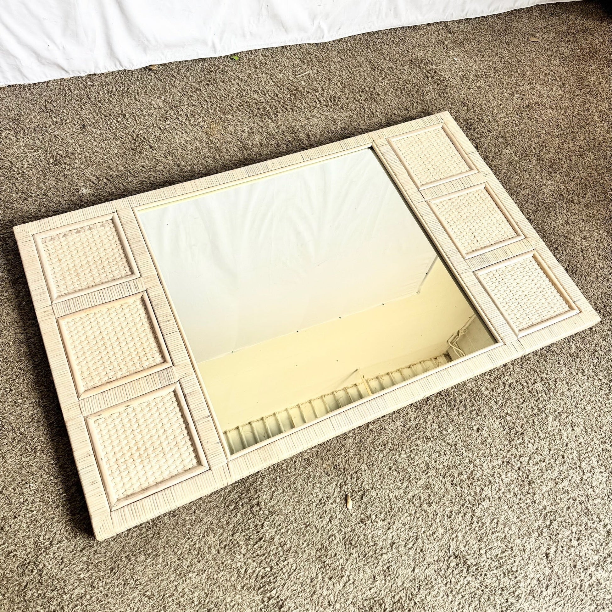 Boho Chic White Washed Wrapped Wicker Mirror Dolphin & Flamingo