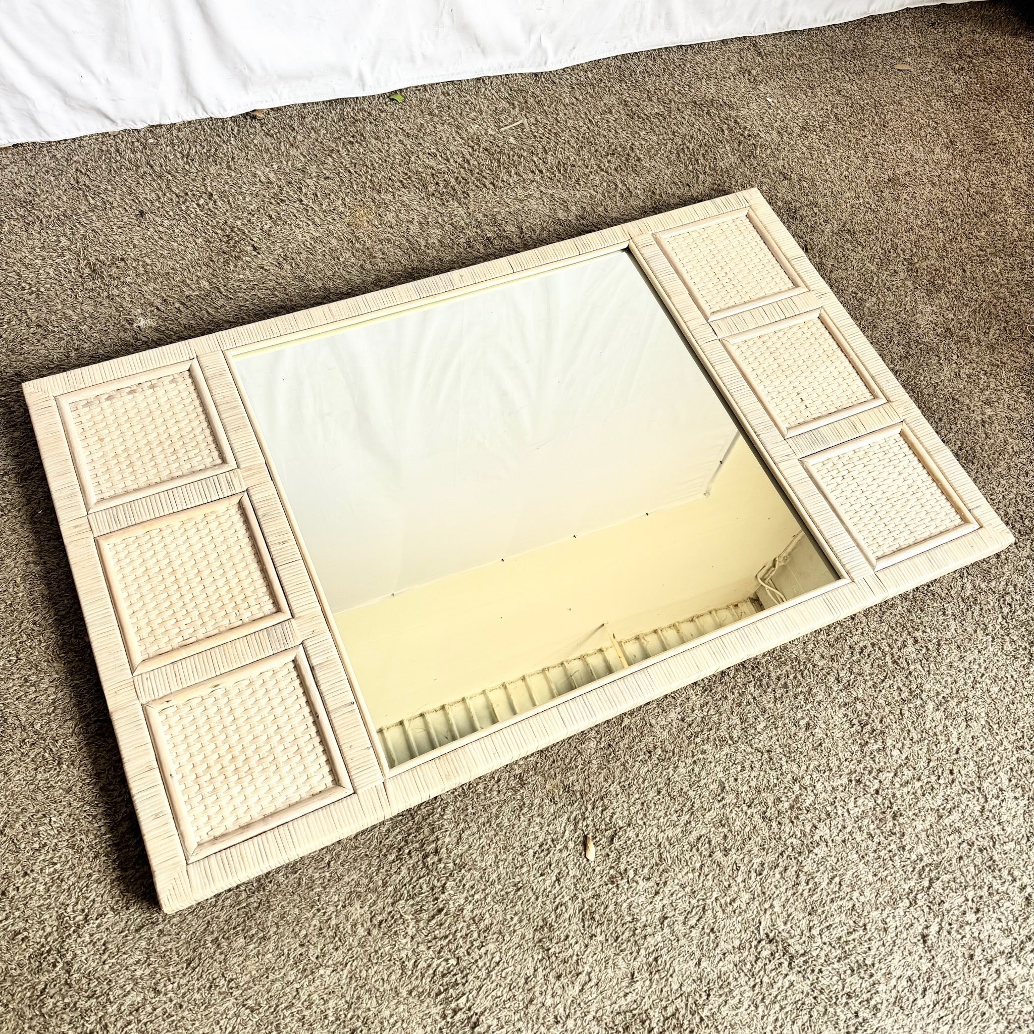 Boho Chic White Washed Wrapped Wicker Mirror Dolphin & Flamingo