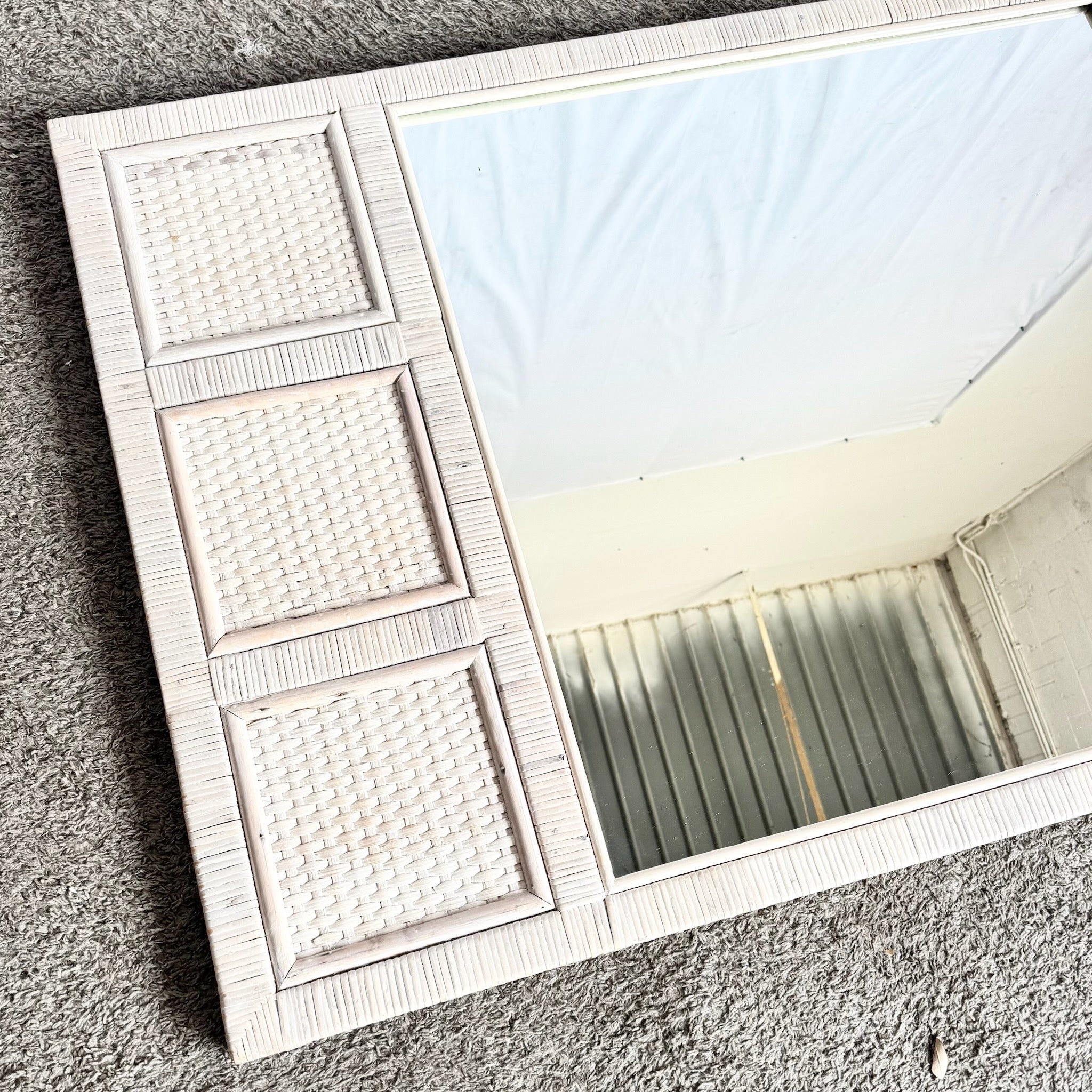 Boho Chic White Washed Wrapped Wicker Mirror Dolphin & Flamingo