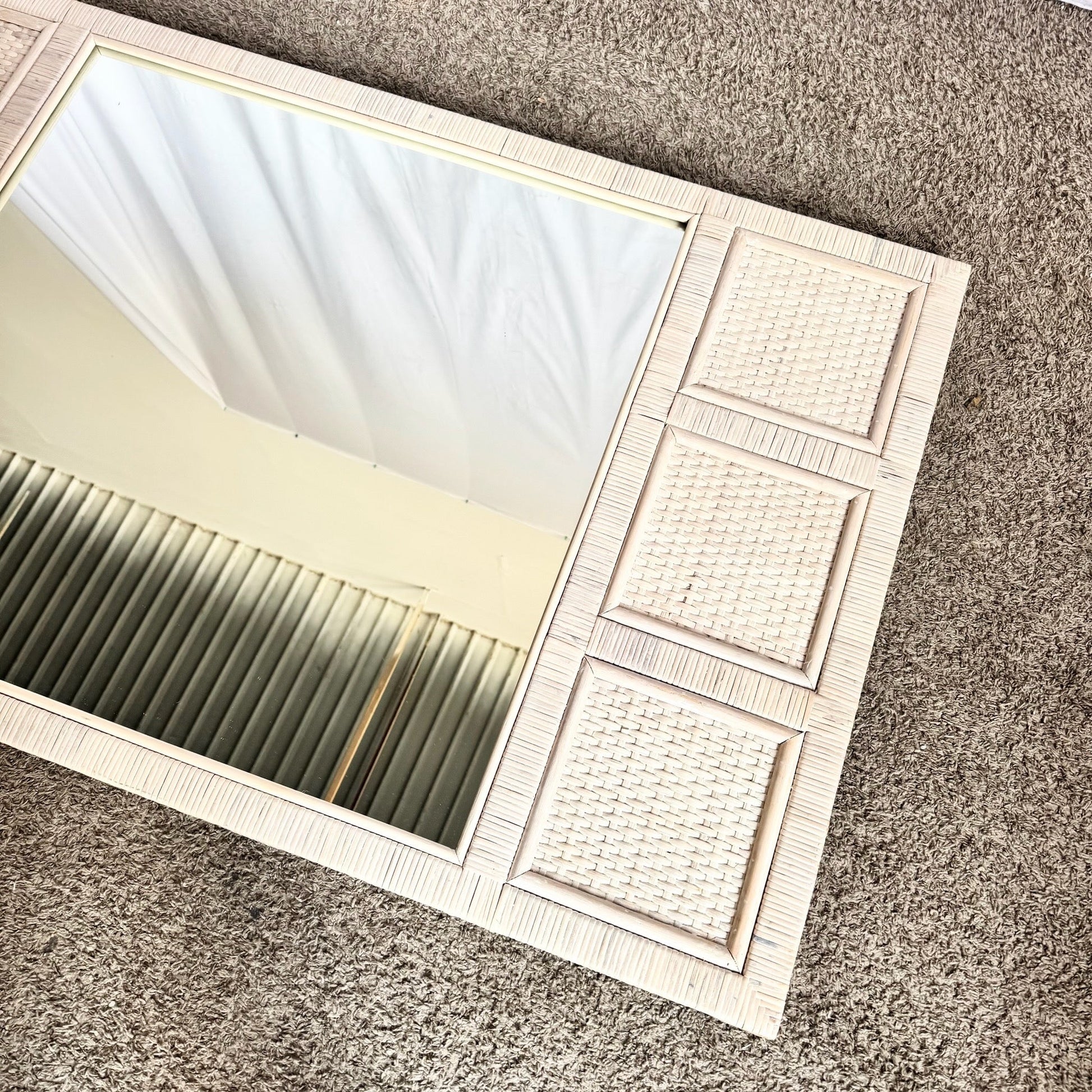 Boho Chic White Washed Wrapped Wicker Mirror Dolphin & Flamingo