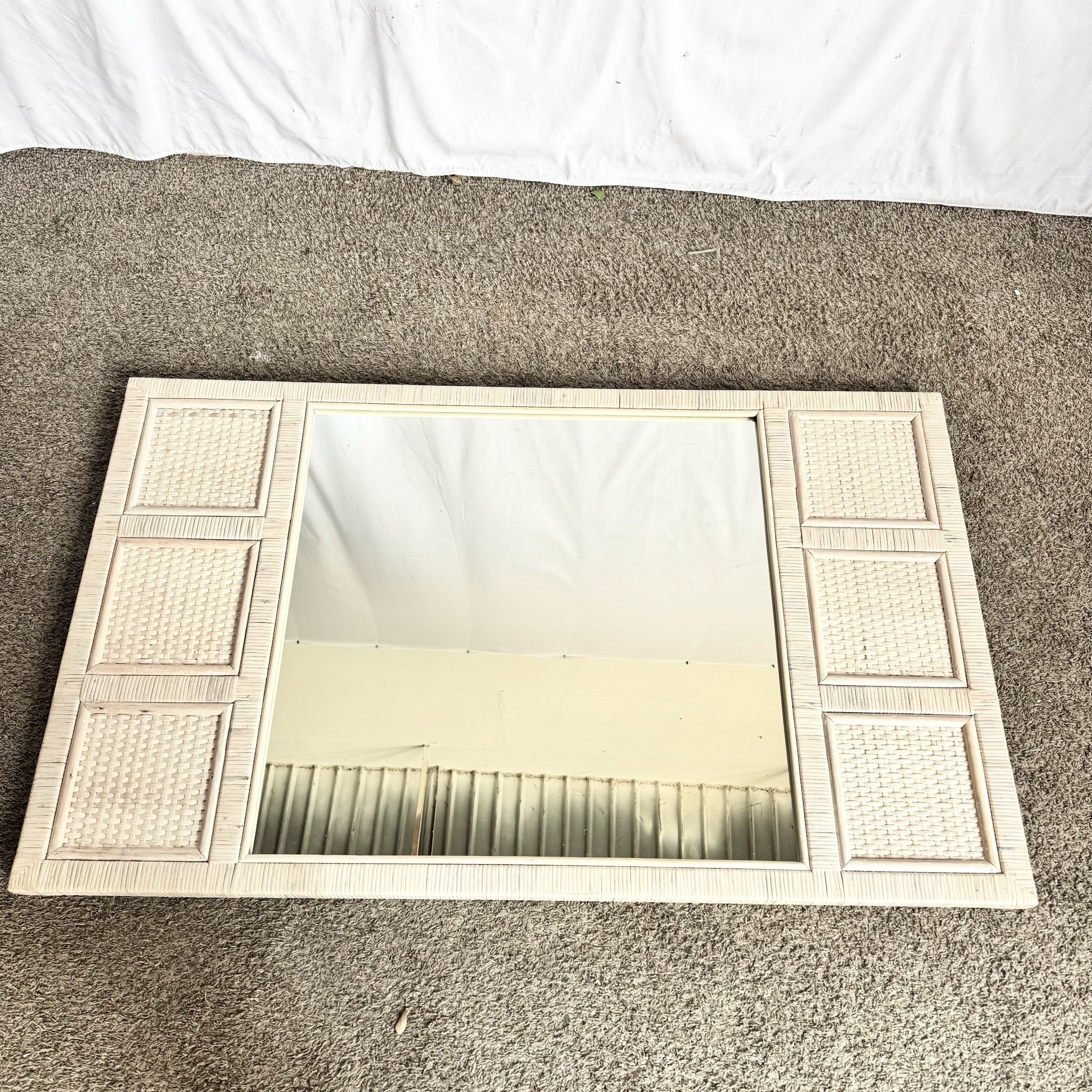 Boho Chic White Washed Wrapped Wicker Mirror Dolphin & Flamingo