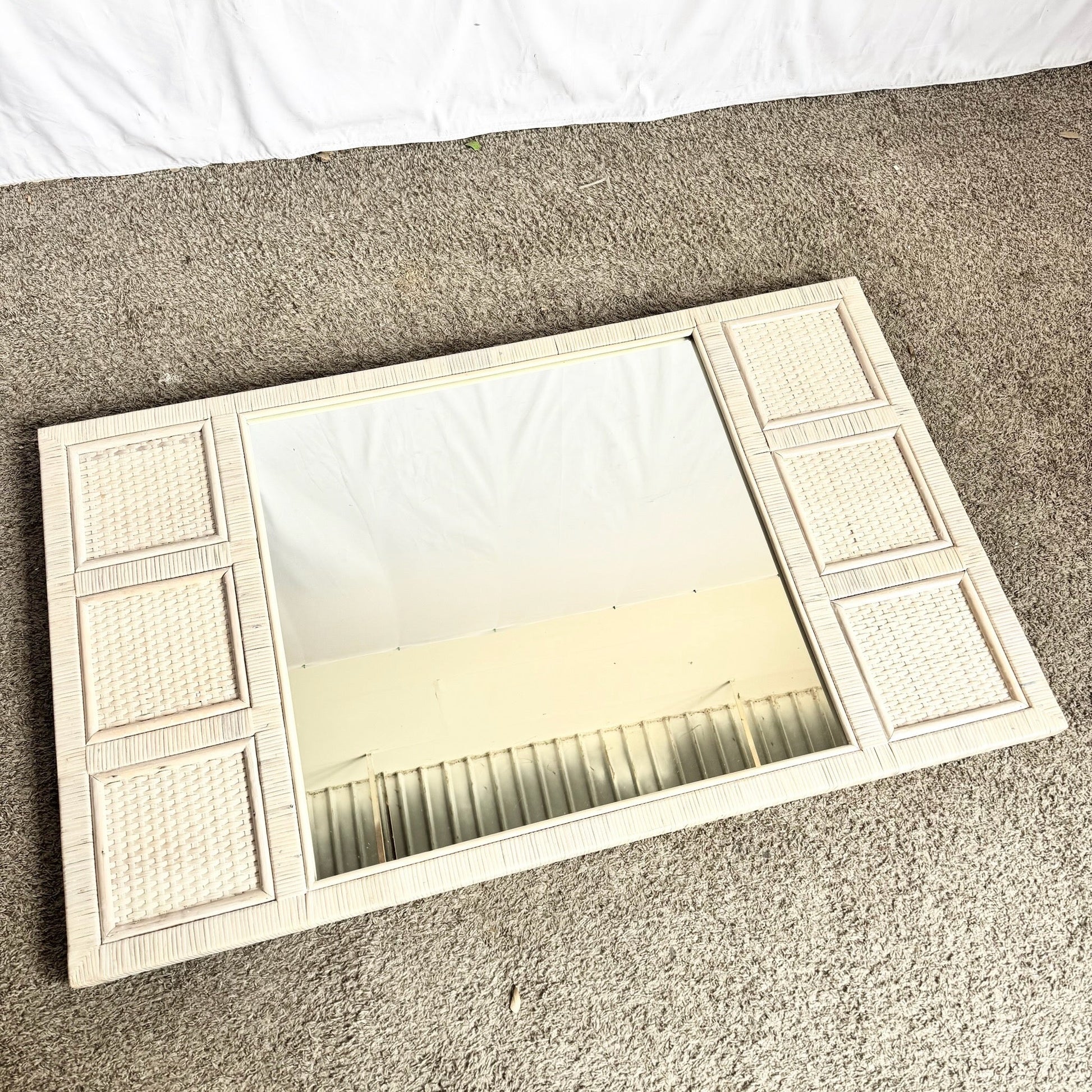 Boho Chic White Washed Wrapped Wicker Mirror Dolphin & Flamingo