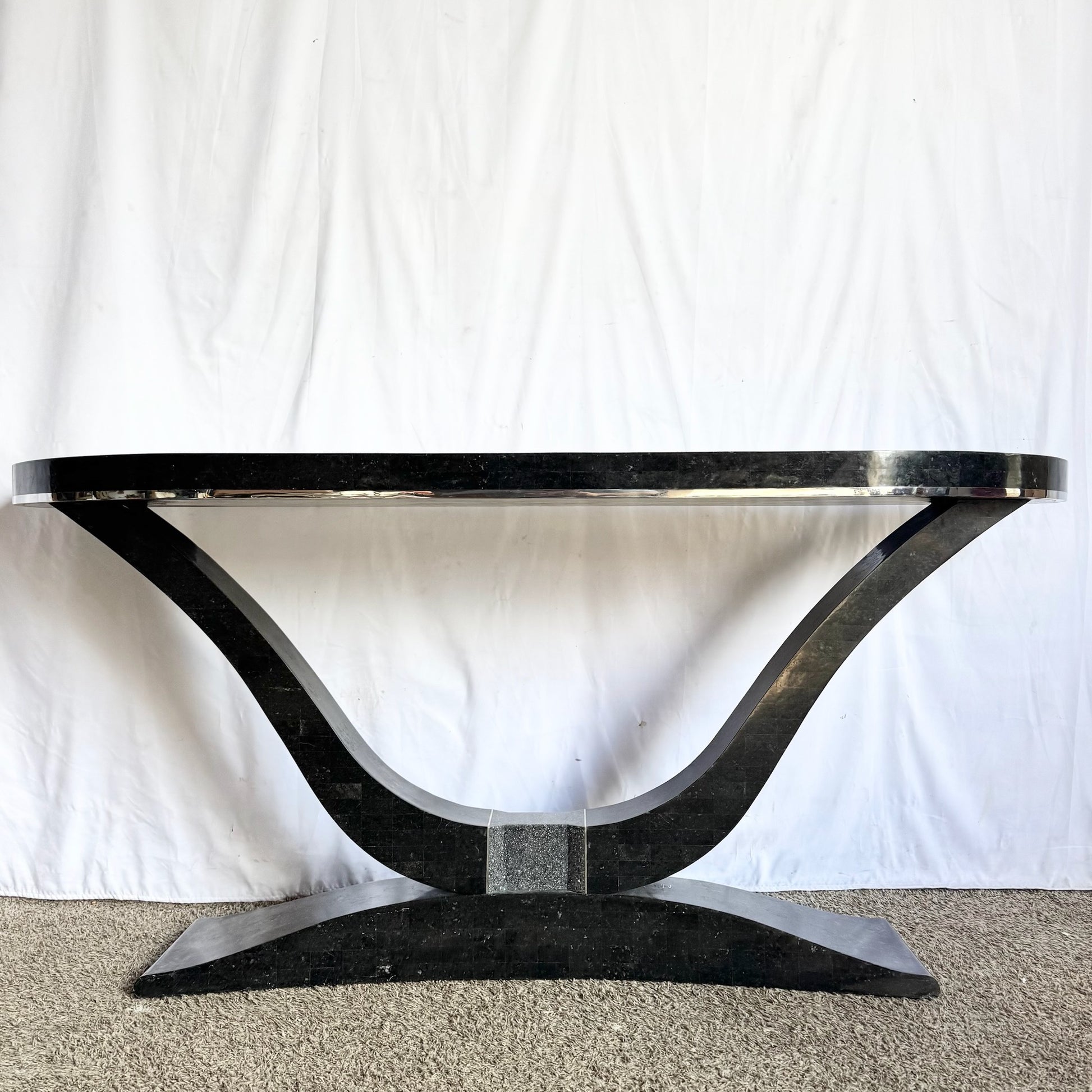 Art Deco Sculptural Black Tessellated Stone a Console Table With Chrome Inlay - Dolphin & Flamingo