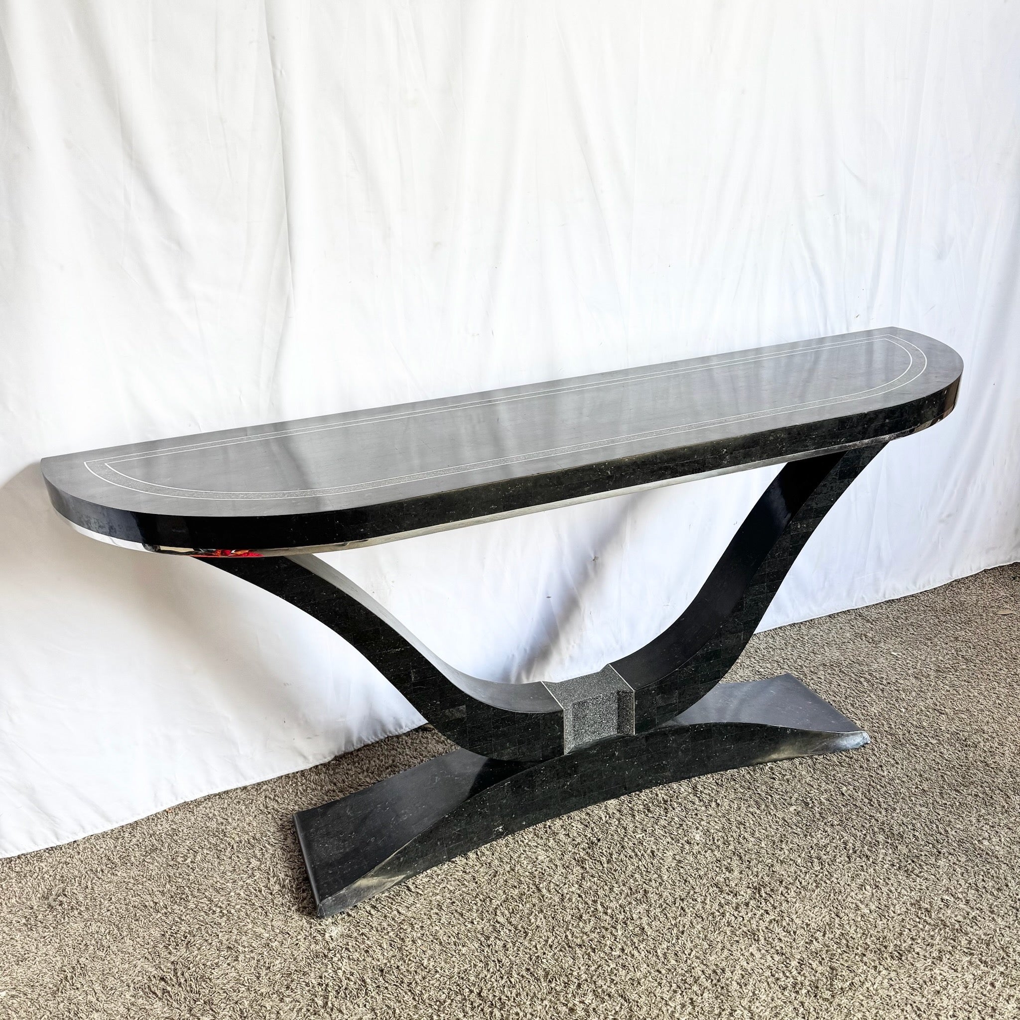 Art Deco Sculptural Black Tessellated Stone a Console Table With Chrome Inlay - Dolphin & Flamingo