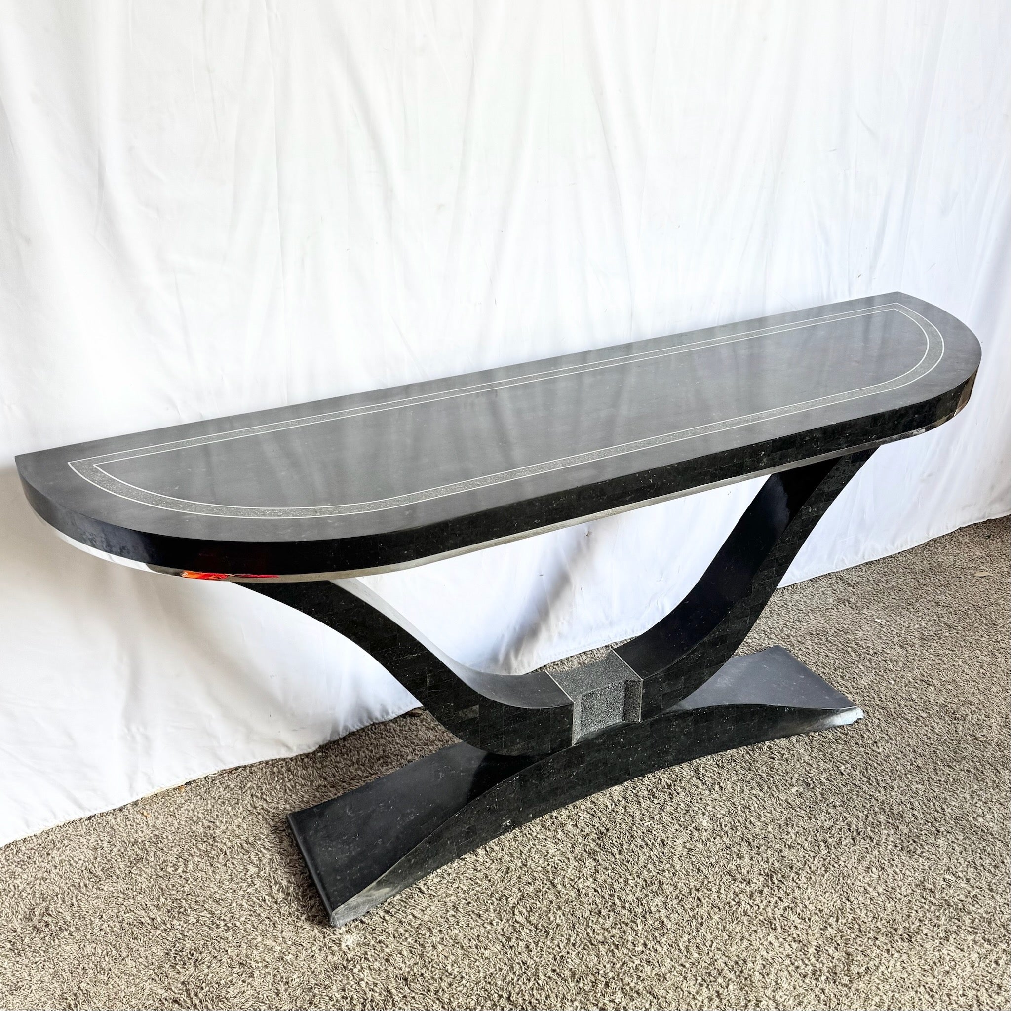 Art Deco Sculptural Black Tessellated Stone a Console Table With Chrome Inlay - Dolphin & Flamingo