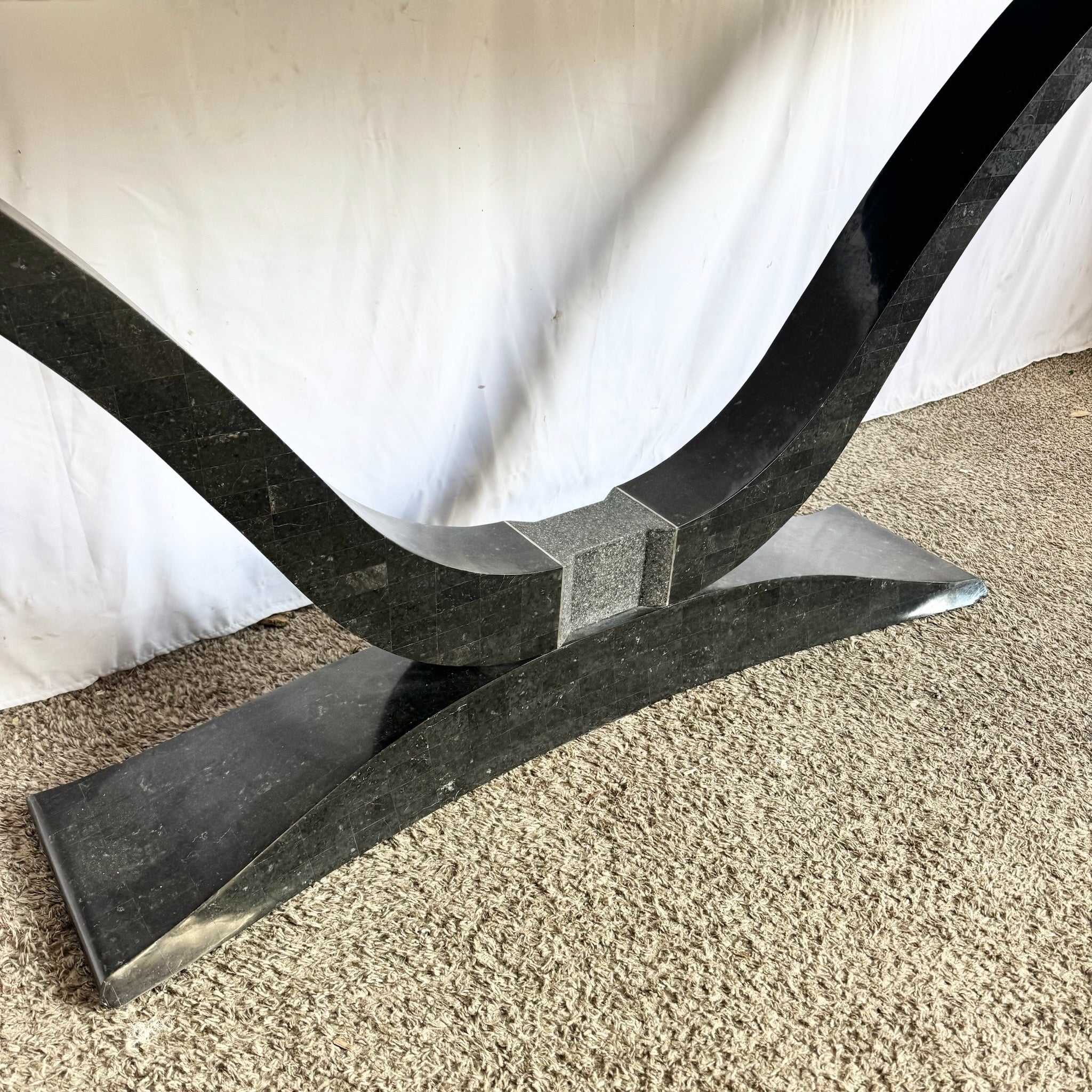 Art Deco Sculptural Black Tessellated Stone a Console Table With Chrome Inlay - Dolphin & Flamingo