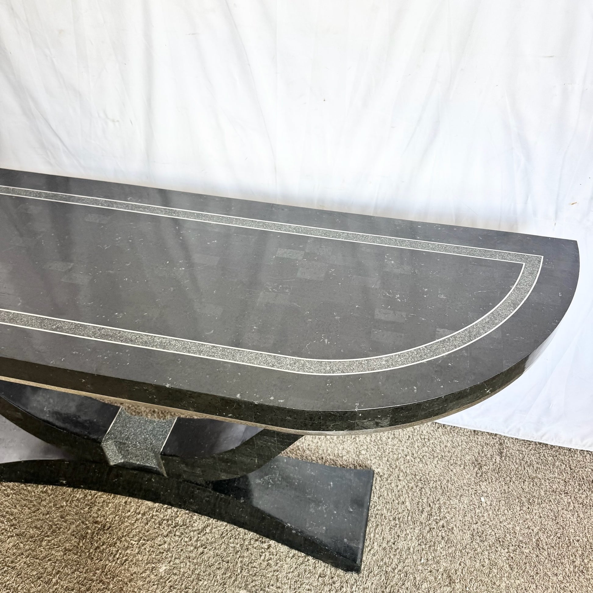 Art Deco Sculptural Black Tessellated Stone a Console Table With Chrome Inlay - Dolphin & Flamingo