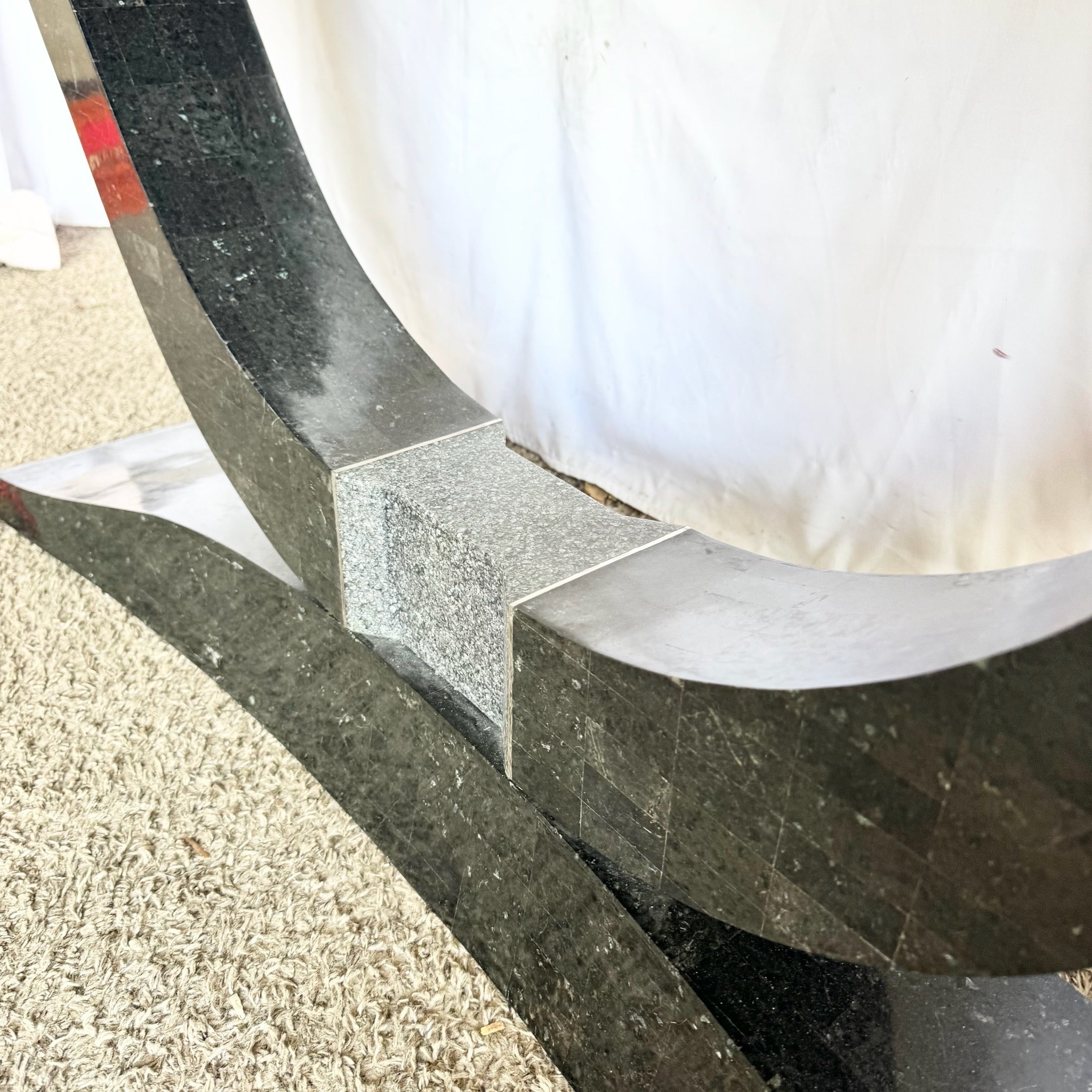 Art Deco Sculptural Black Tessellated Stone a Console Table With Chrome Inlay - Dolphin & Flamingo