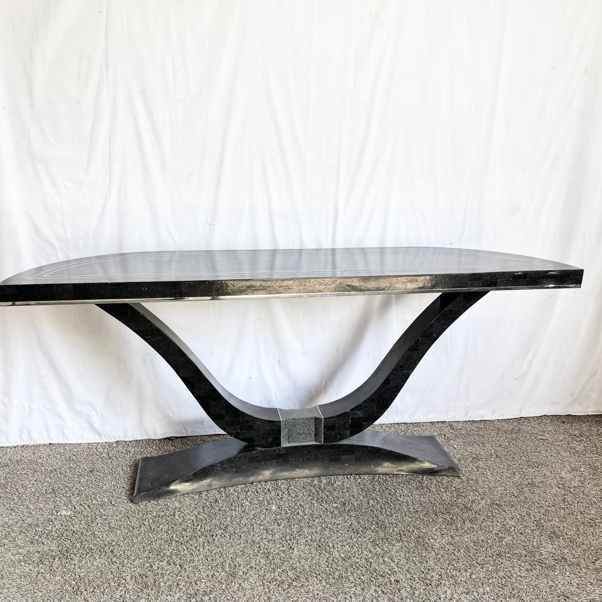 Art Deco Sculptural Black Tessellated Stone a Console Table With Chrome Inlay - Dolphin & Flamingo