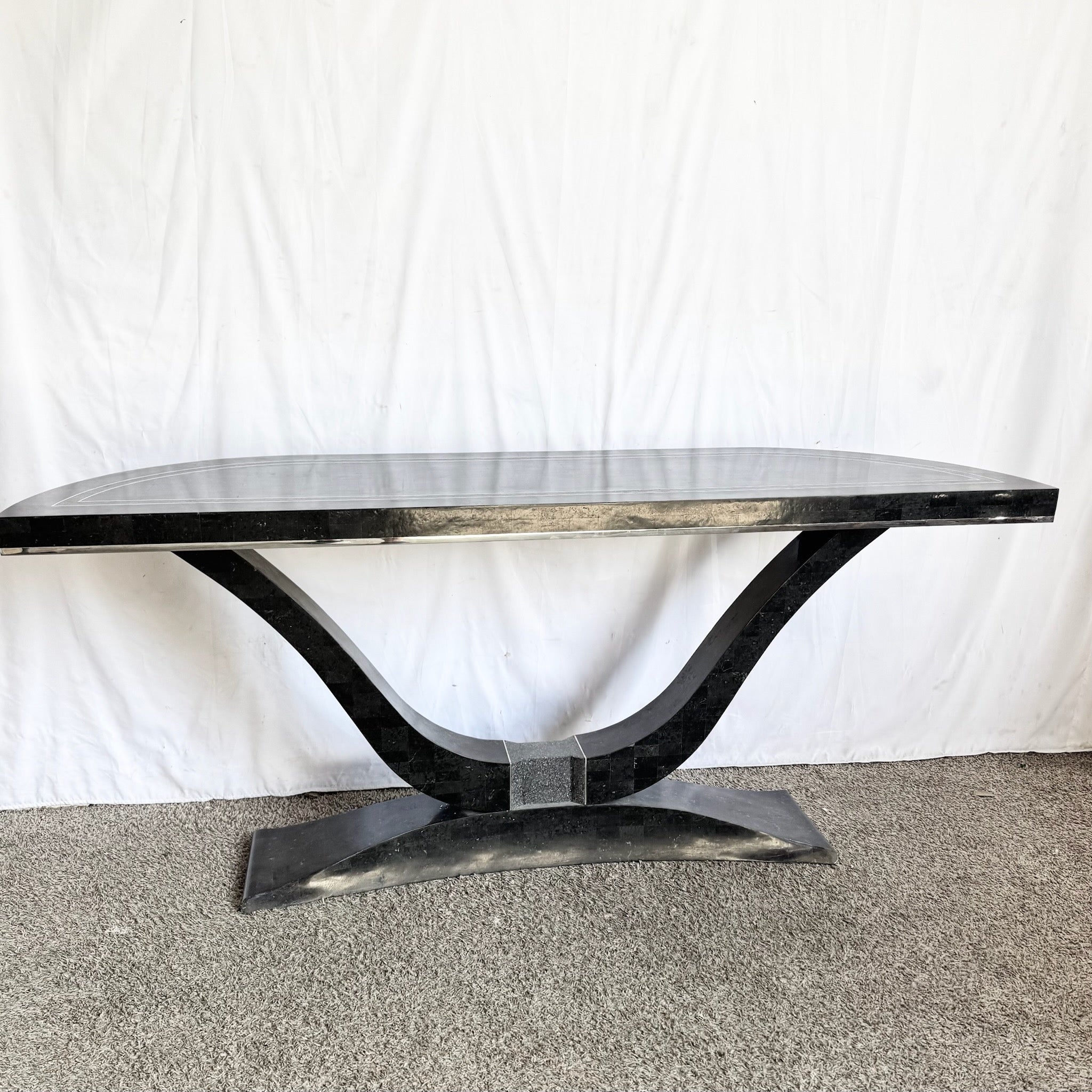 Art Deco Sculptural Black Tessellated Stone a Console Table With Chrome Inlay - Dolphin & Flamingo