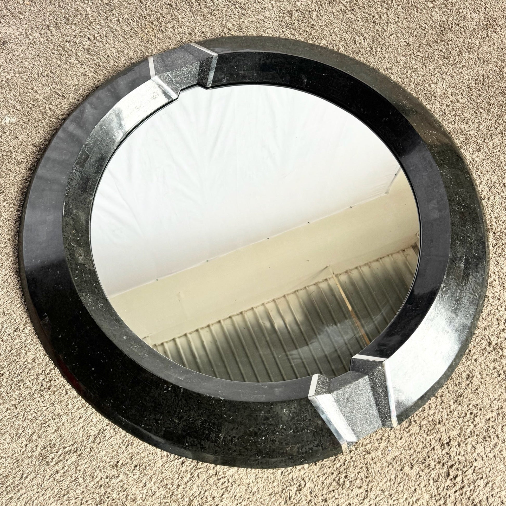 Art Deco Black Tessellated Stone and Chrome Mirror, Mainland Smith Style Dolphin & Flamingo