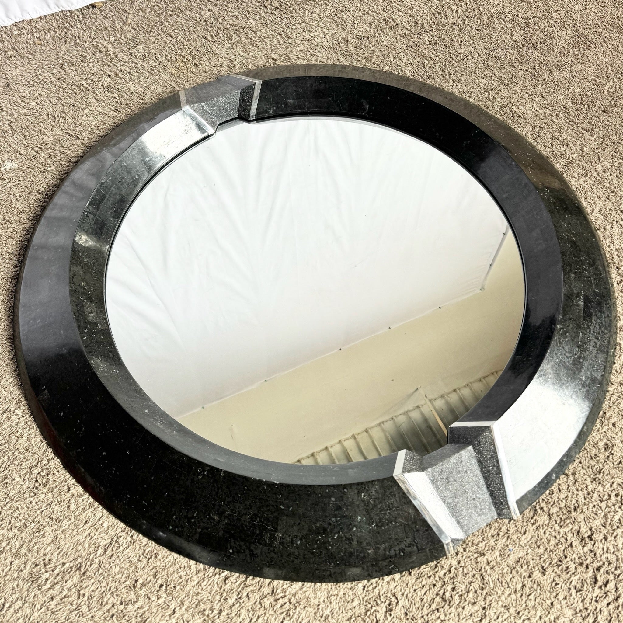 Art Deco Black Tessellated Stone and Chrome Mirror, Mainland Smith Style Dolphin & Flamingo