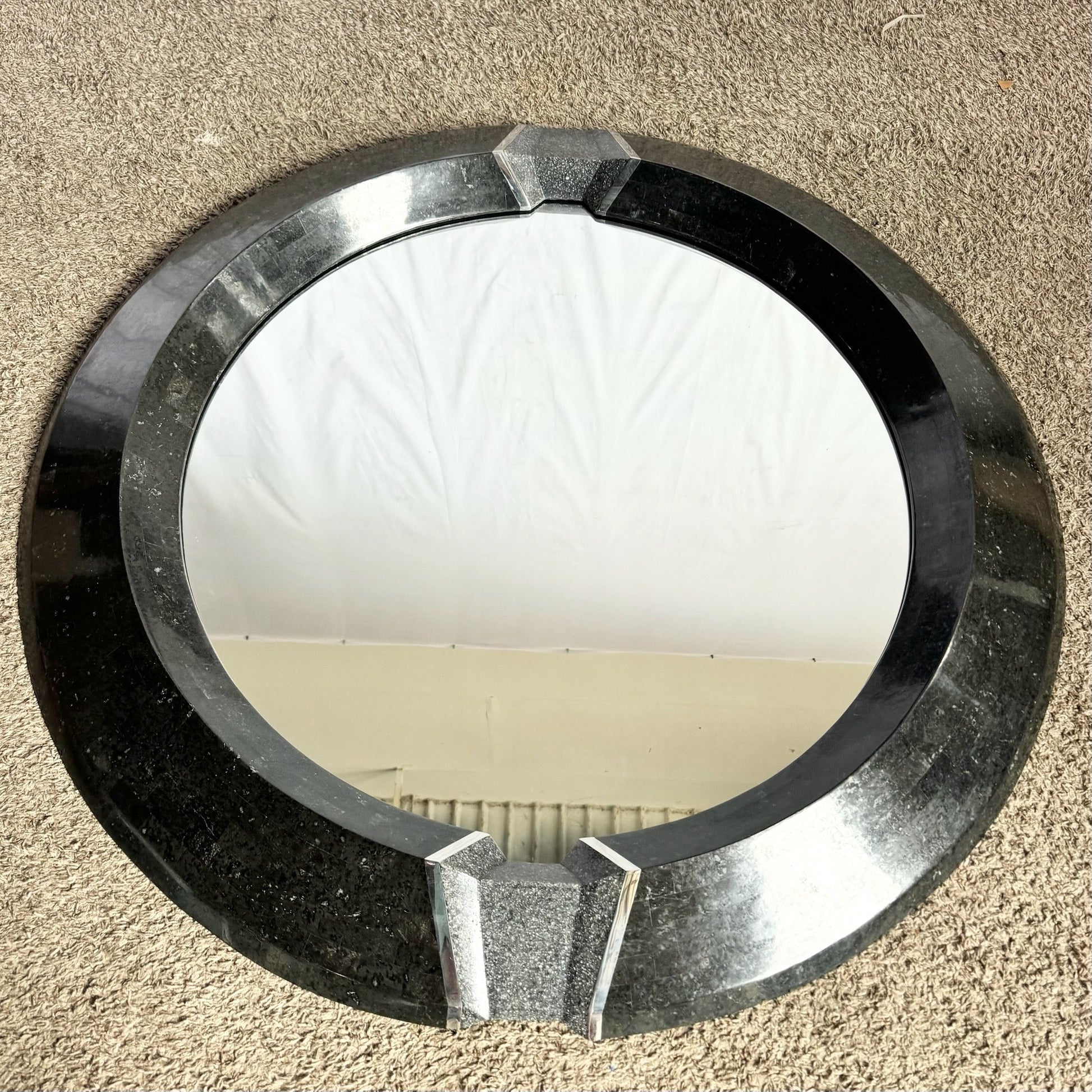 Art Deco Black Tessellated Stone and Chrome Mirror, Mainland Smith Style Dolphin & Flamingo