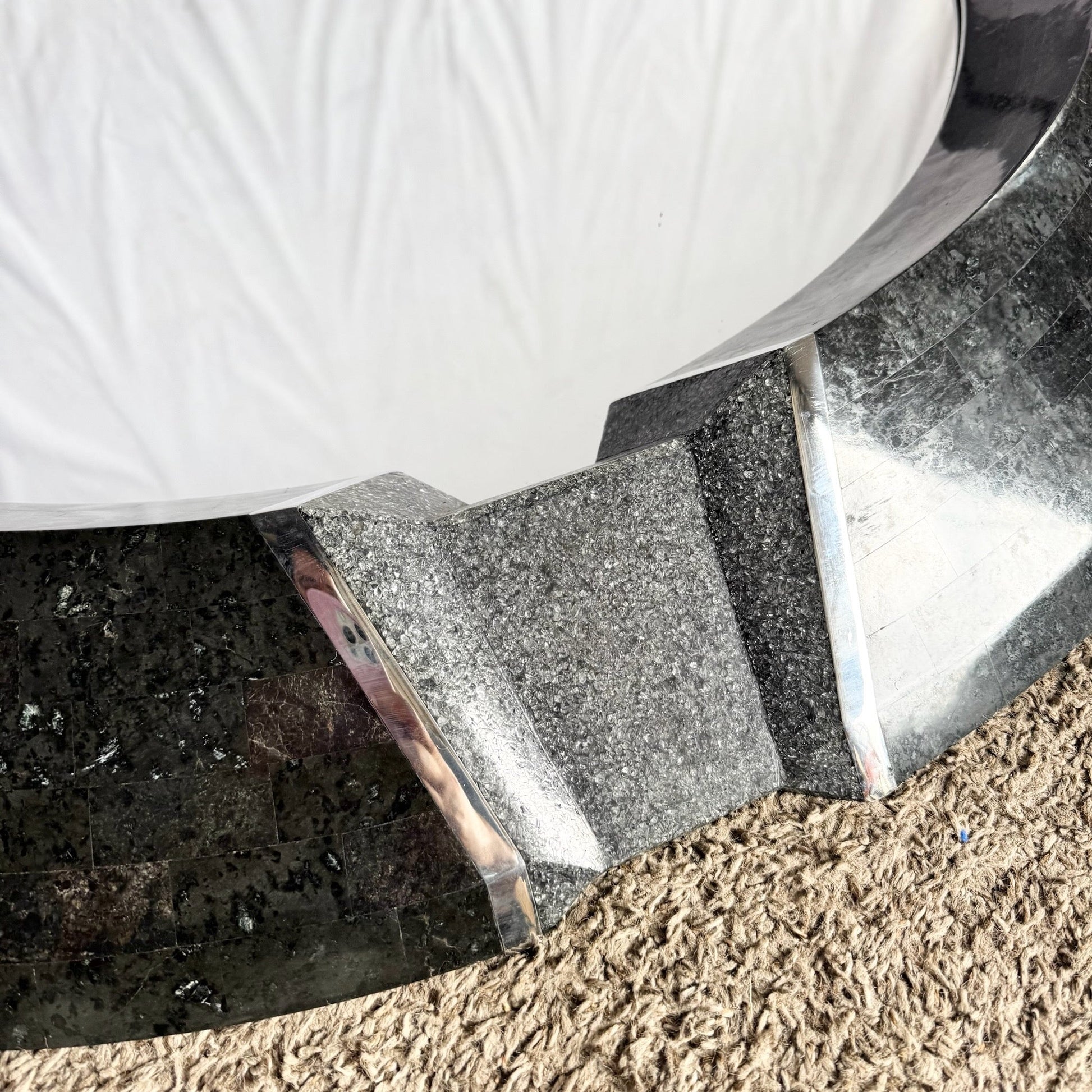 Art Deco Black Tessellated Stone and Chrome Mirror, Mainland Smith Style Dolphin & Flamingo