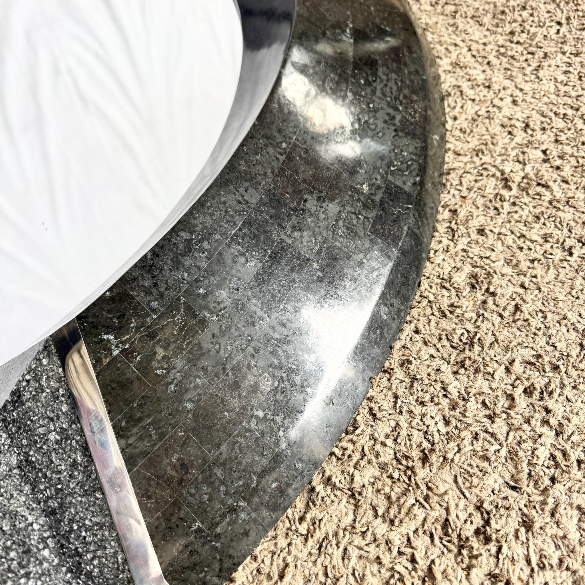 Art Deco Black Tessellated Stone and Chrome Mirror, Mainland Smith Style Dolphin & Flamingo