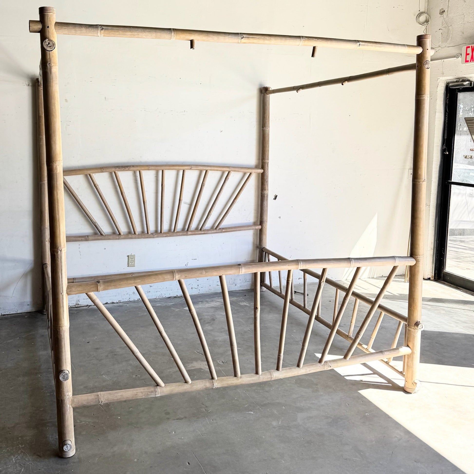 Vintage Boho Chic Bamboo King Size Canopy Bed Dolphin & Flamingo
