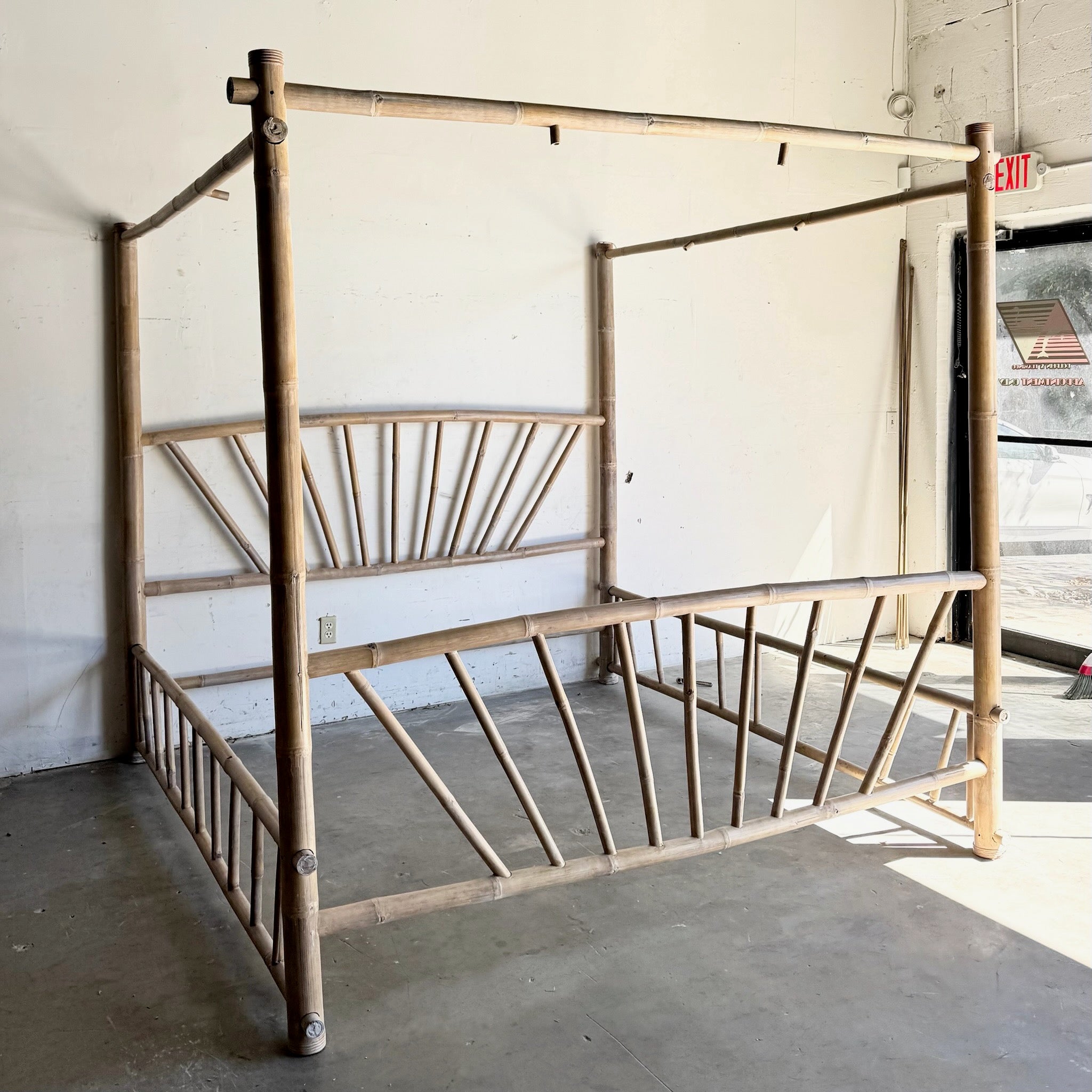 Vintage Boho Chic Bamboo King Size Canopy Bed Dolphin & Flamingo