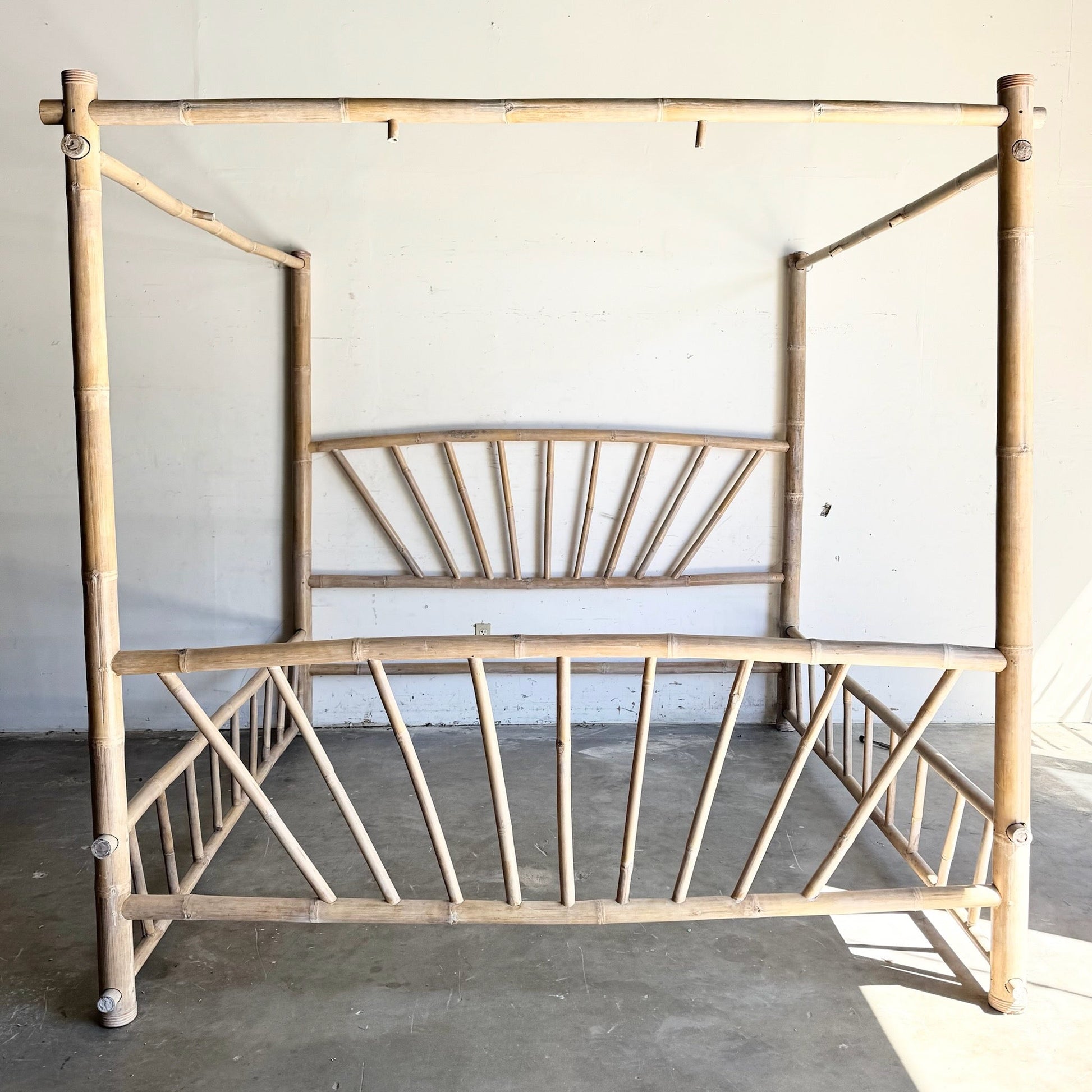 Vintage Boho Chic Bamboo King Size Canopy Bed Dolphin & Flamingo