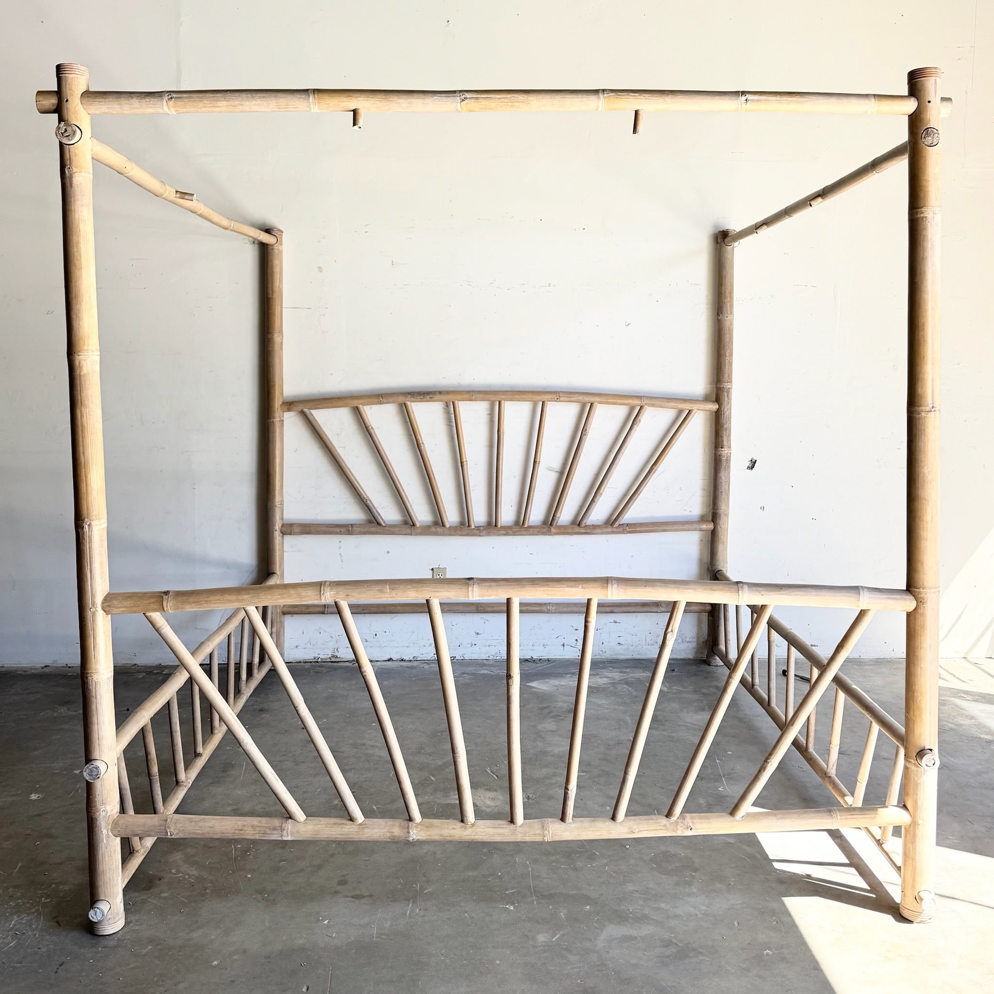 Vintage Boho Chic Bamboo King Size Canopy Bed Dolphin & Flamingo