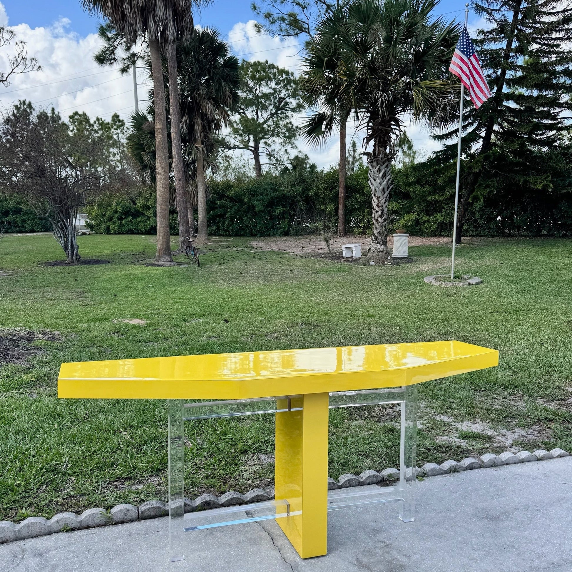 Postmodern Yellow Lacquer Laminate and Lucite Console Table Dolphin & Flamingo