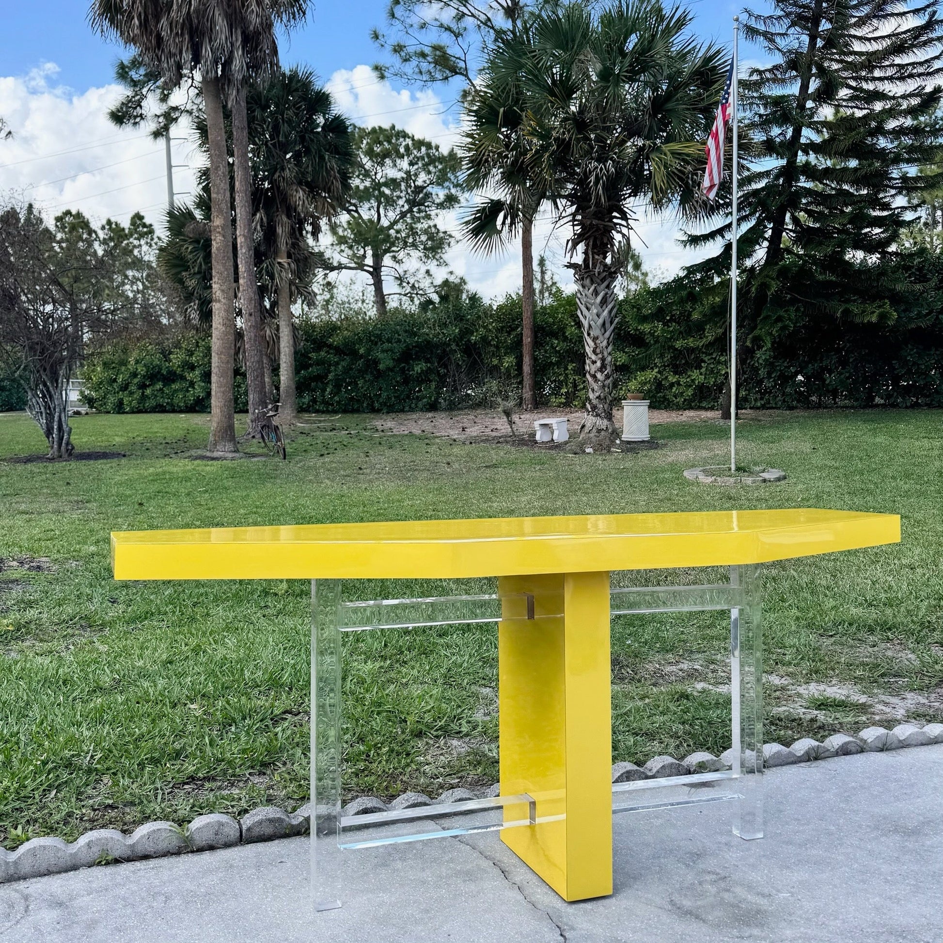Postmodern Yellow Lacquer Laminate and Lucite Console Table Dolphin & Flamingo