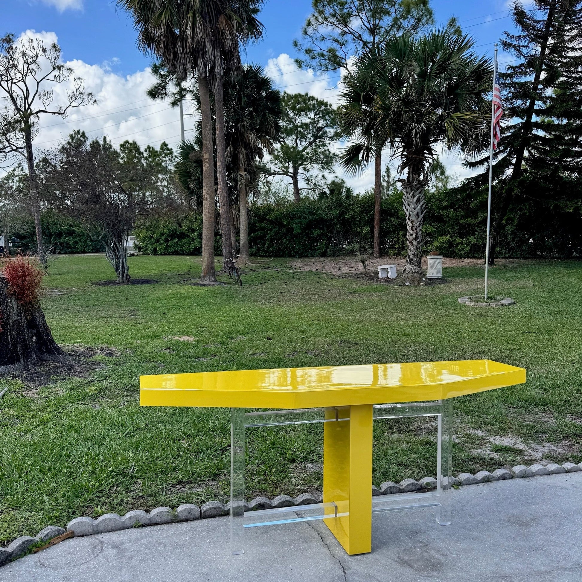 Postmodern Yellow Lacquer Laminate and Lucite Console Table Dolphin & Flamingo
