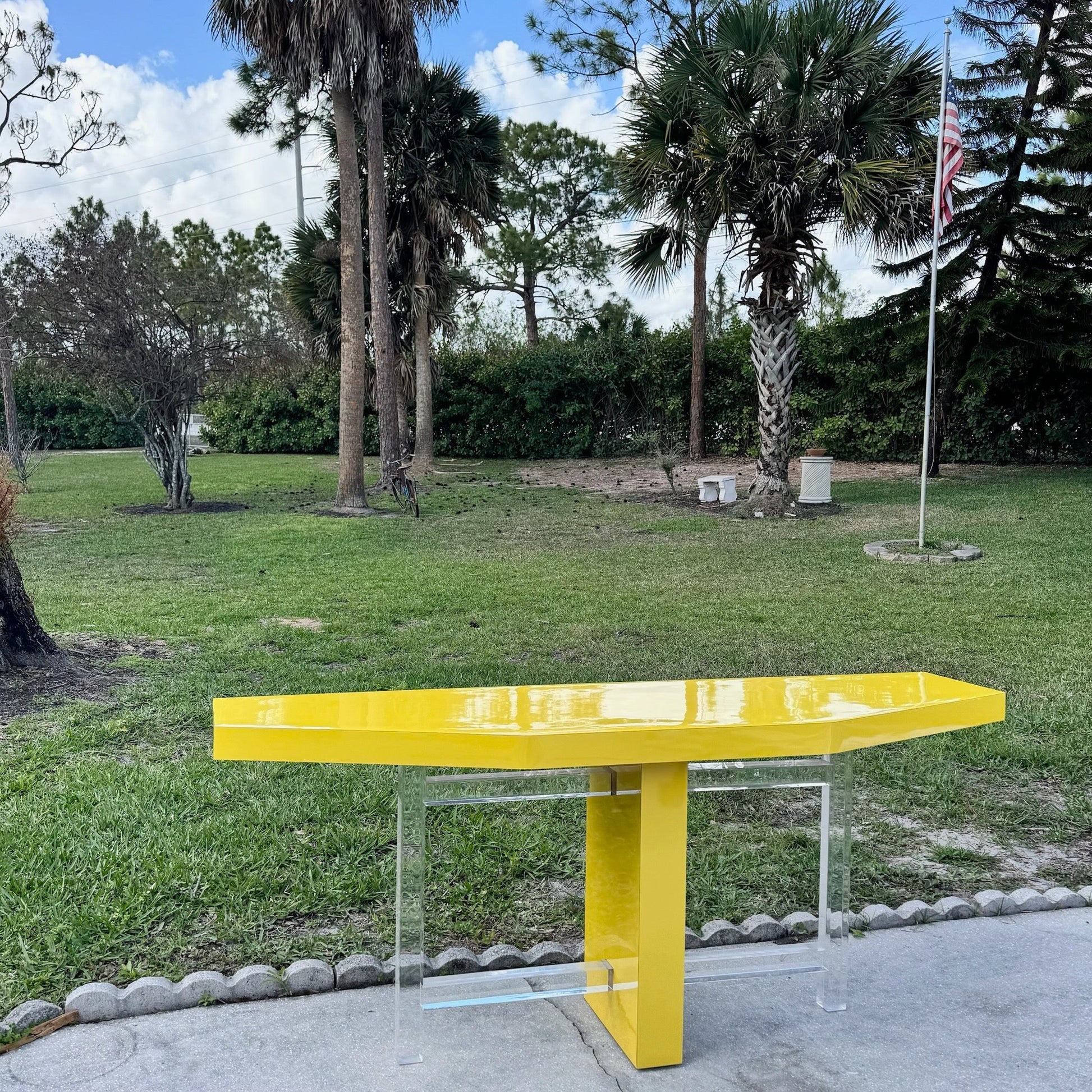 Postmodern Yellow Lacquer Laminate and Lucite Console Table Dolphin & Flamingo