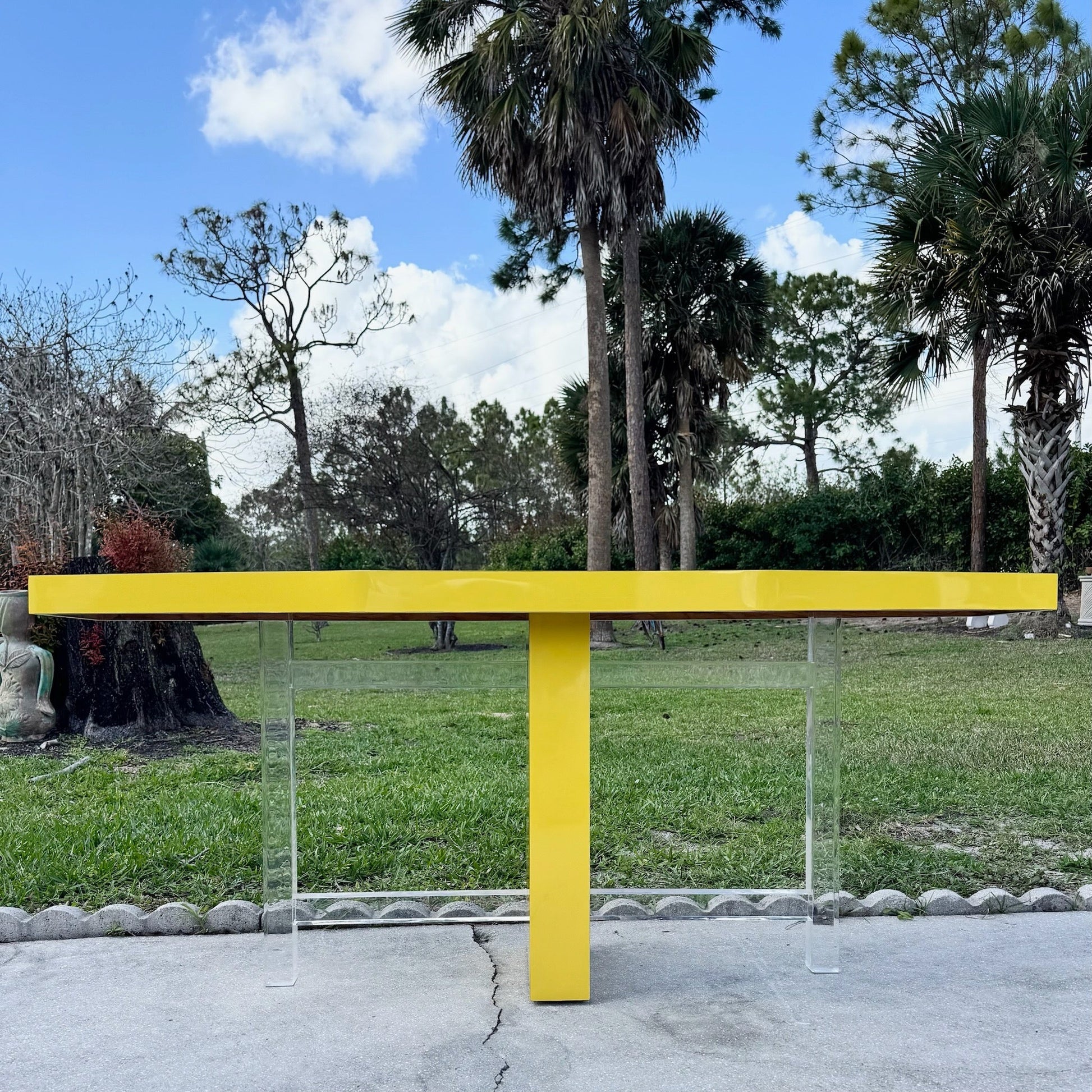 Postmodern Yellow Lacquer Laminate and Lucite Console Table Dolphin & Flamingo
