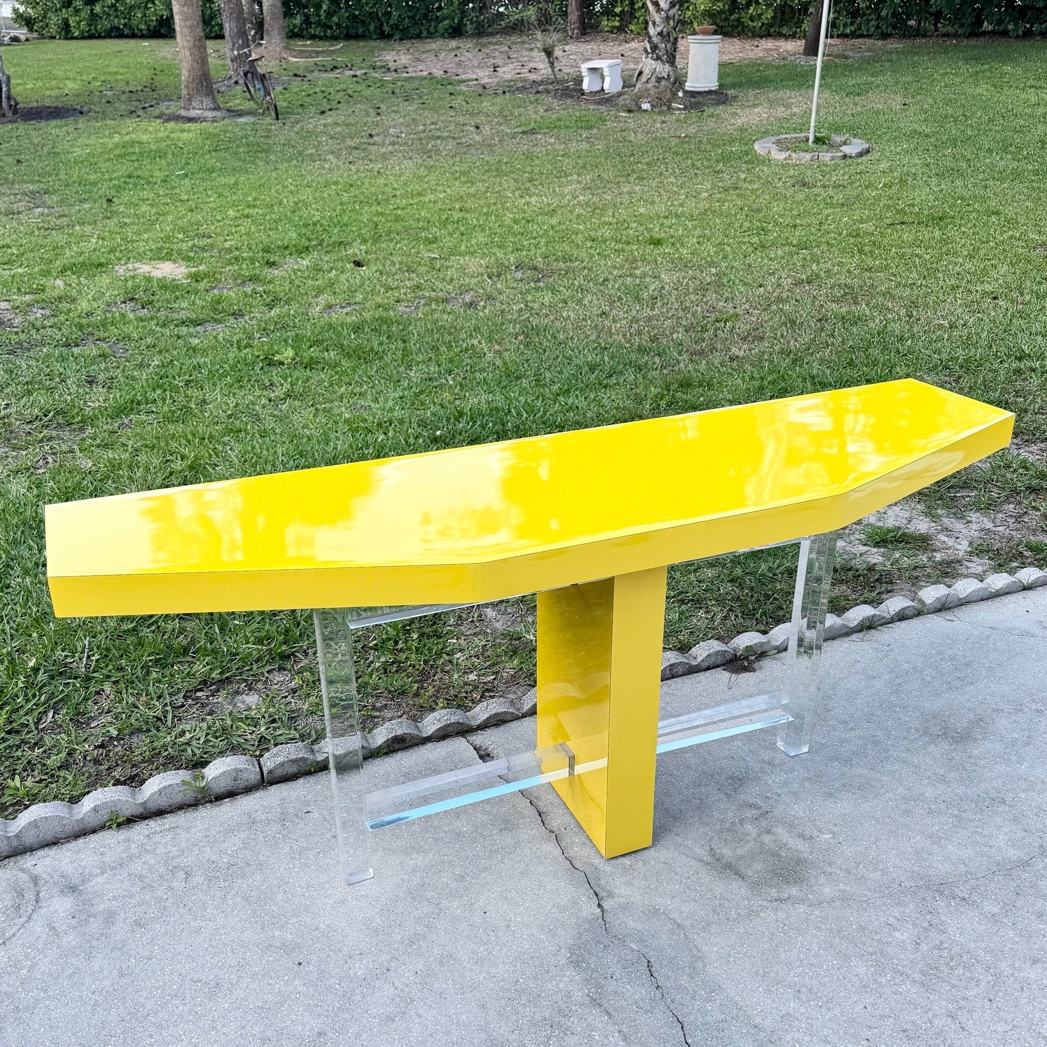 Postmodern Yellow Lacquer Laminate and Lucite Console Table Dolphin & Flamingo