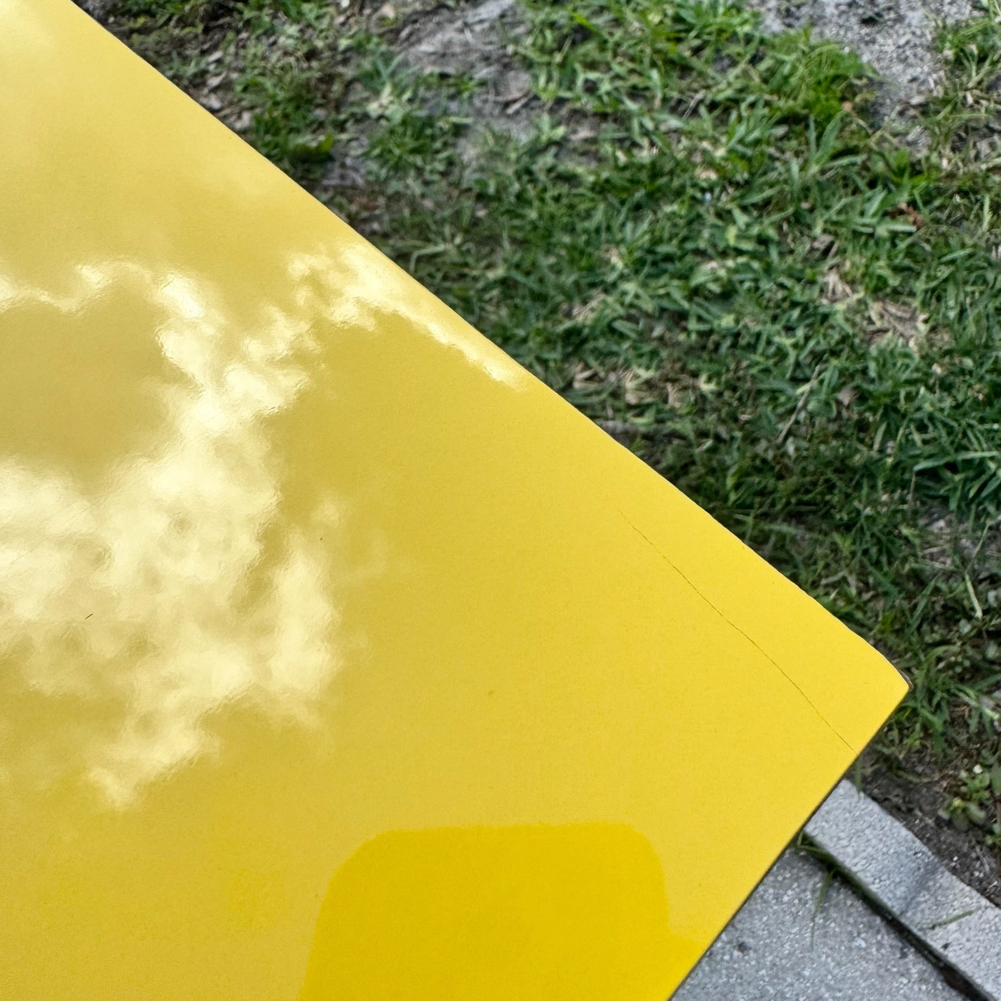 Postmodern Yellow Lacquer Laminate and Lucite Console Table Dolphin & Flamingo