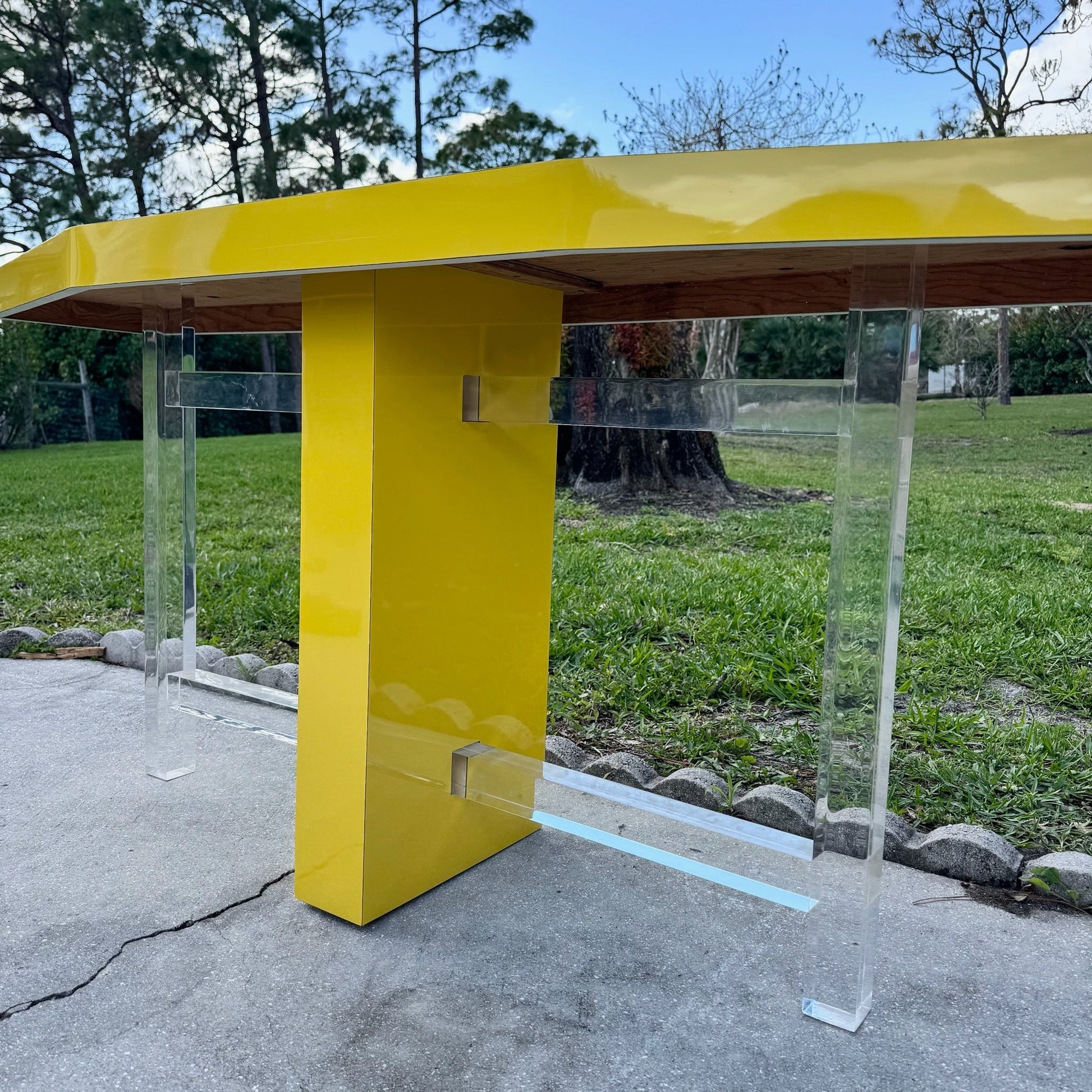 Postmodern Yellow Lacquer Laminate and Lucite Console Table Dolphin & Flamingo