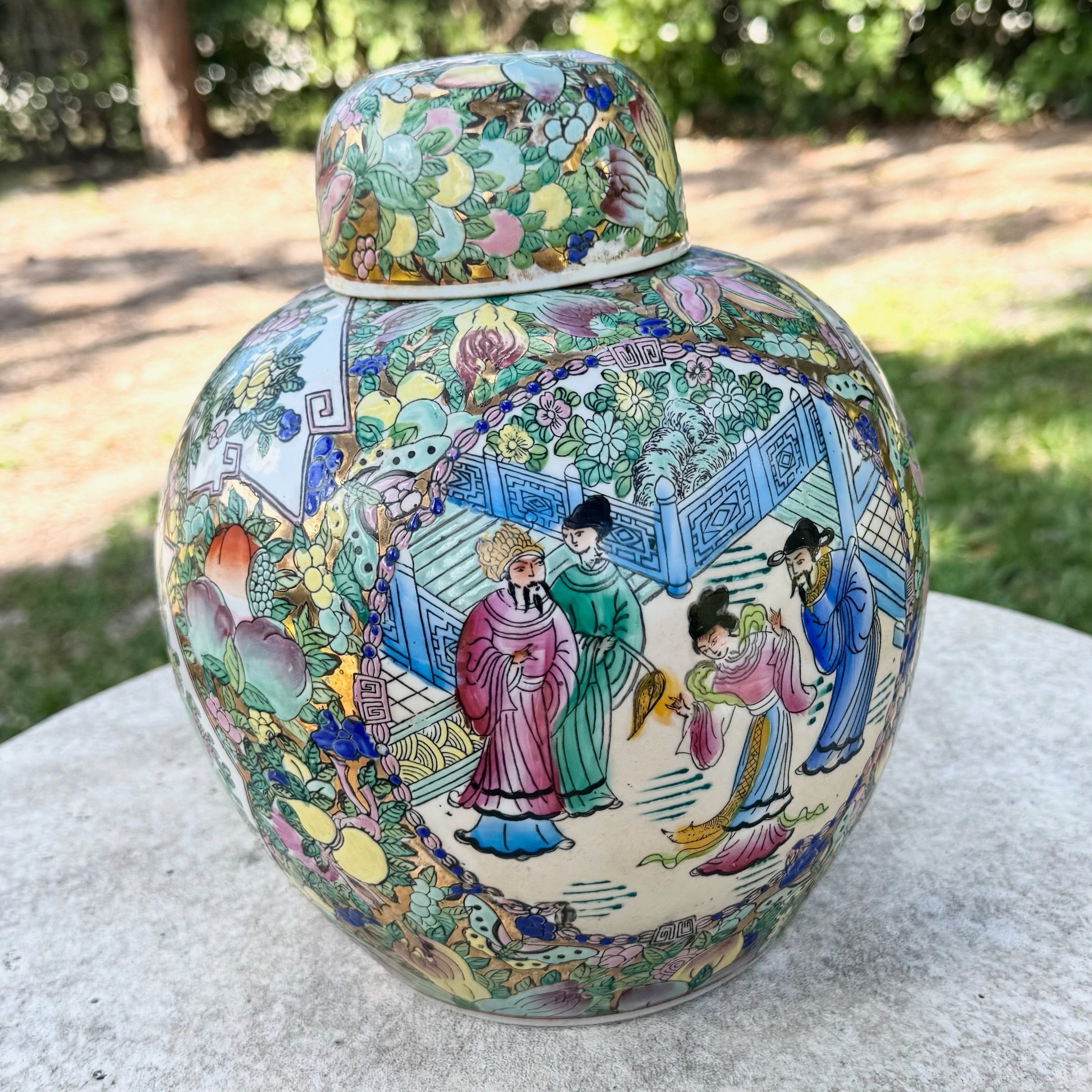 Vintage Chinese Hand Painted Multi Color Porcelain Ginger Jar Dolphin & Flamingo