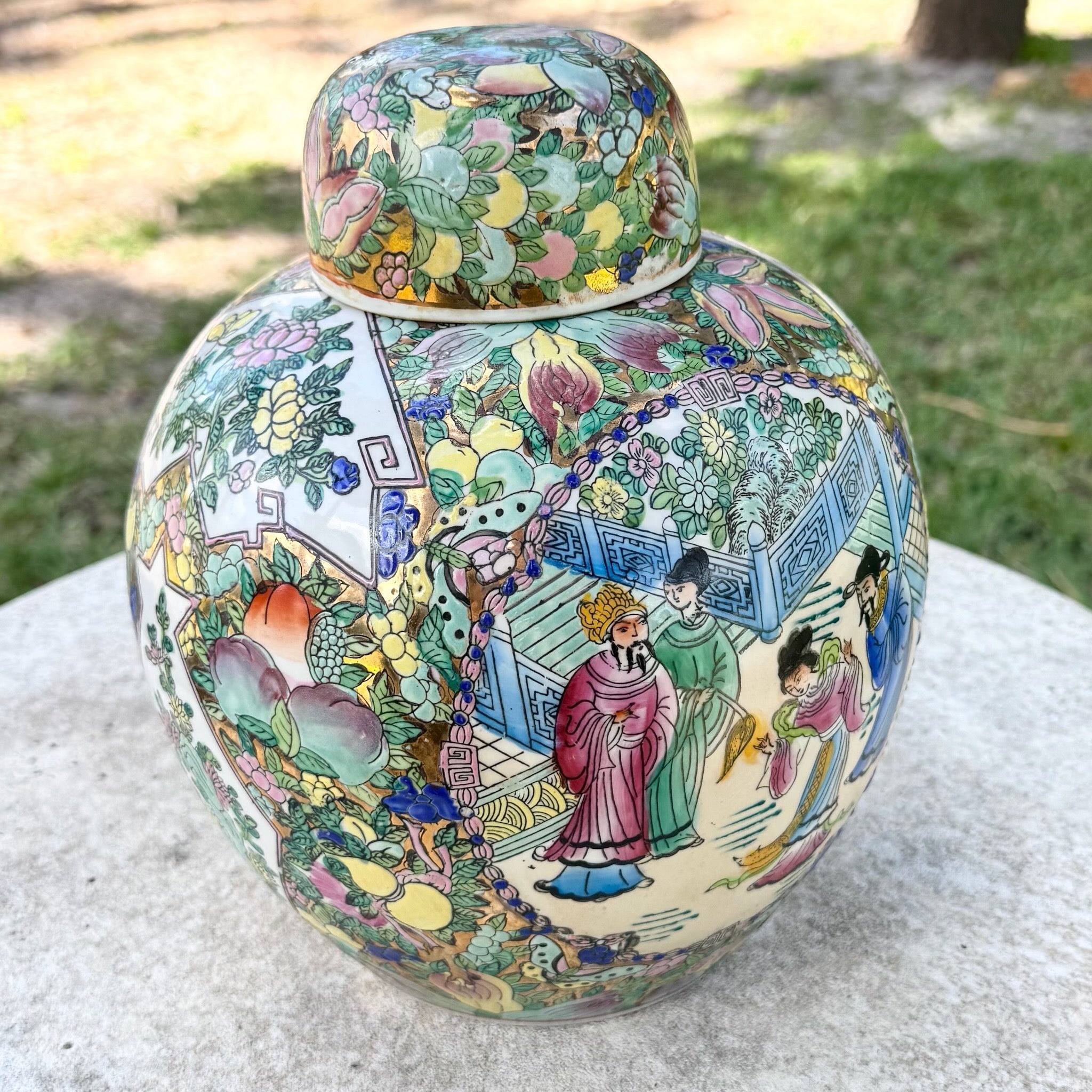 Vintage Chinese Hand Painted Multi Color Porcelain Ginger Jar Dolphin & Flamingo