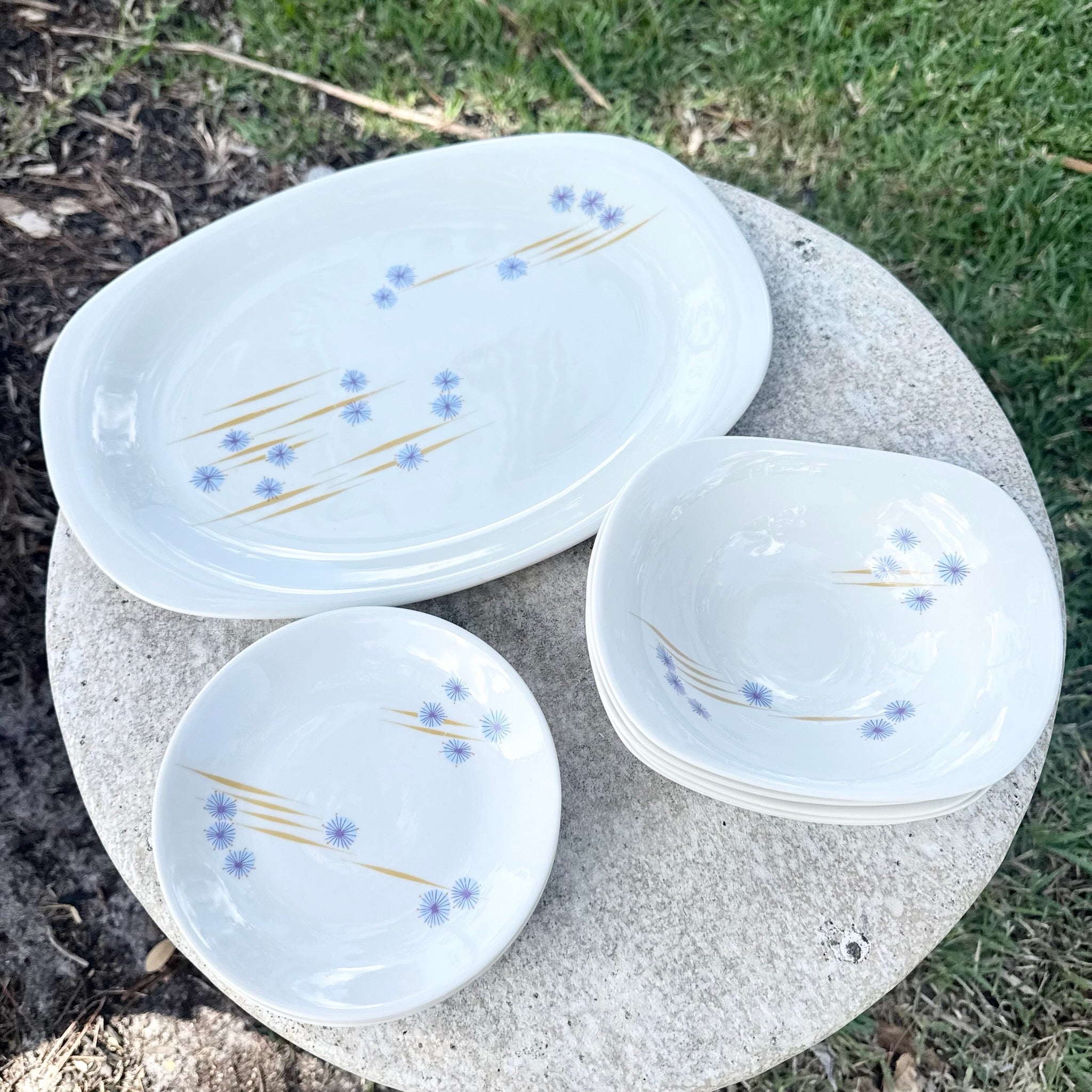 Mid Century Modern Iroquois Parasols Dish Set by Ben Seibel - 11 Pieces Dolphin & Flamingo