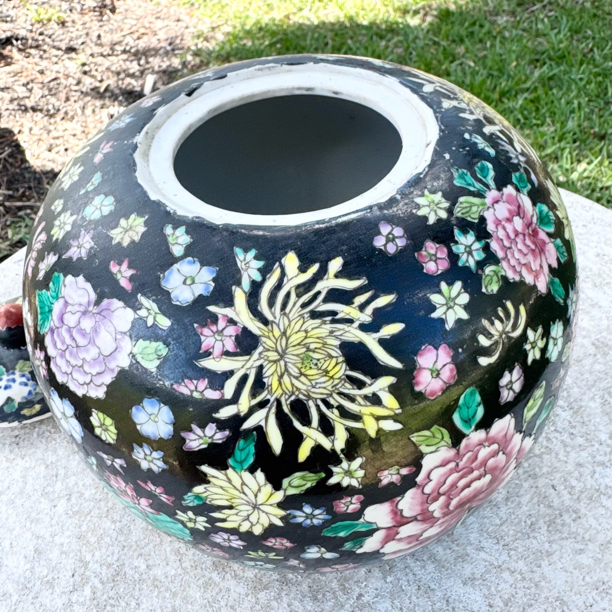 Vintage Chinese Hand Painted Porcelain Ginger Jar Dolphin & Flamingo