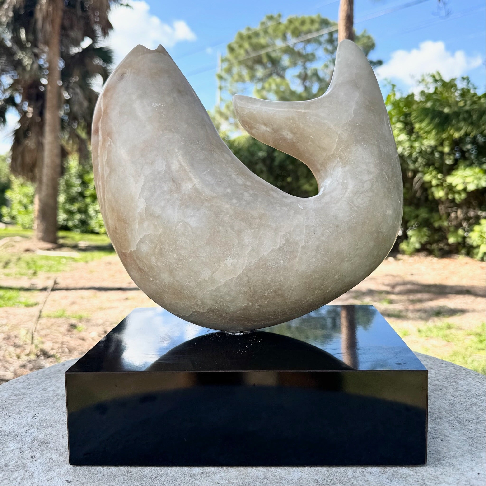 Vintage Modernist Hand Carved Marble Fish Sculpture or Black Laminate Base Dolphin & Flamingo