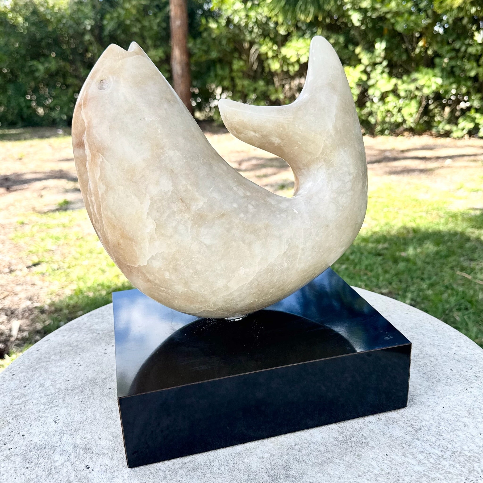 Vintage Modernist Hand Carved Marble Fish Sculpture or Black Laminate Base Dolphin & Flamingo