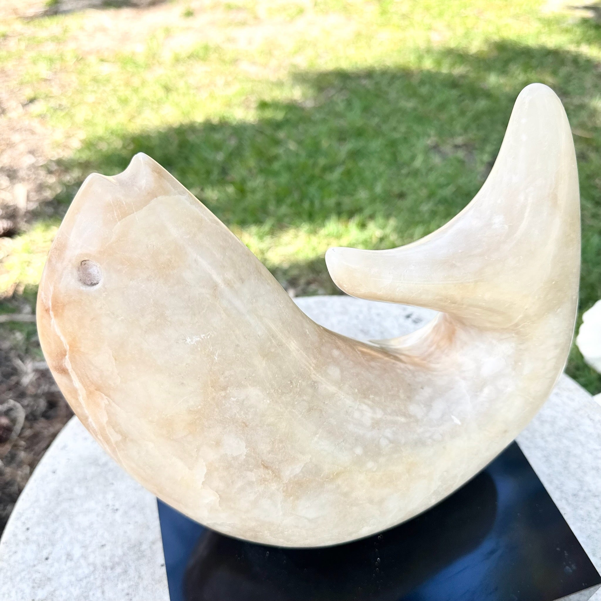 Vintage Modernist Hand Carved Marble Fish Sculpture or Black Laminate Base Dolphin & Flamingo