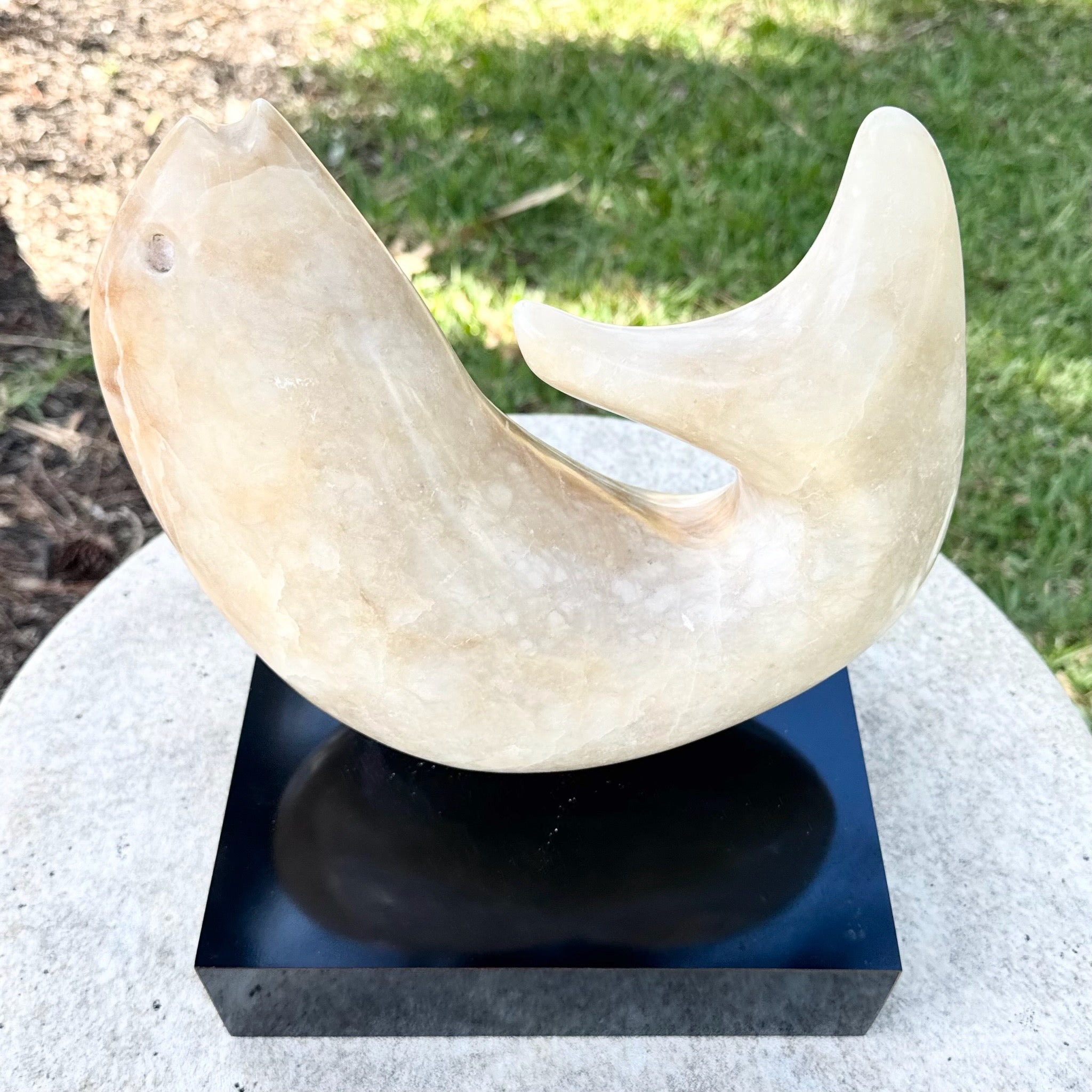Vintage Modernist Hand Carved Marble Fish Sculpture or Black Laminate Base Dolphin & Flamingo
