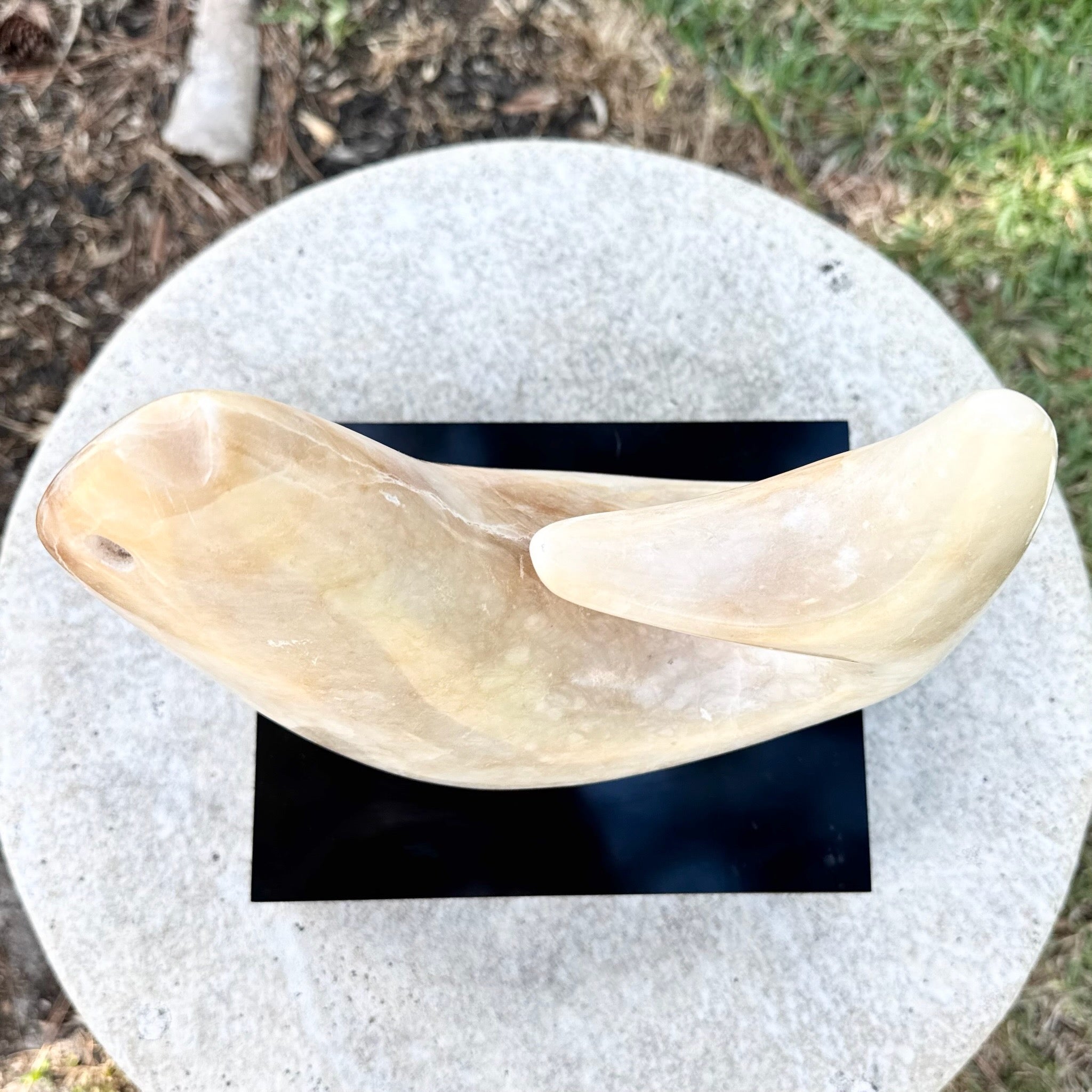 Vintage Modernist Hand Carved Marble Fish Sculpture or Black Laminate Base Dolphin & Flamingo