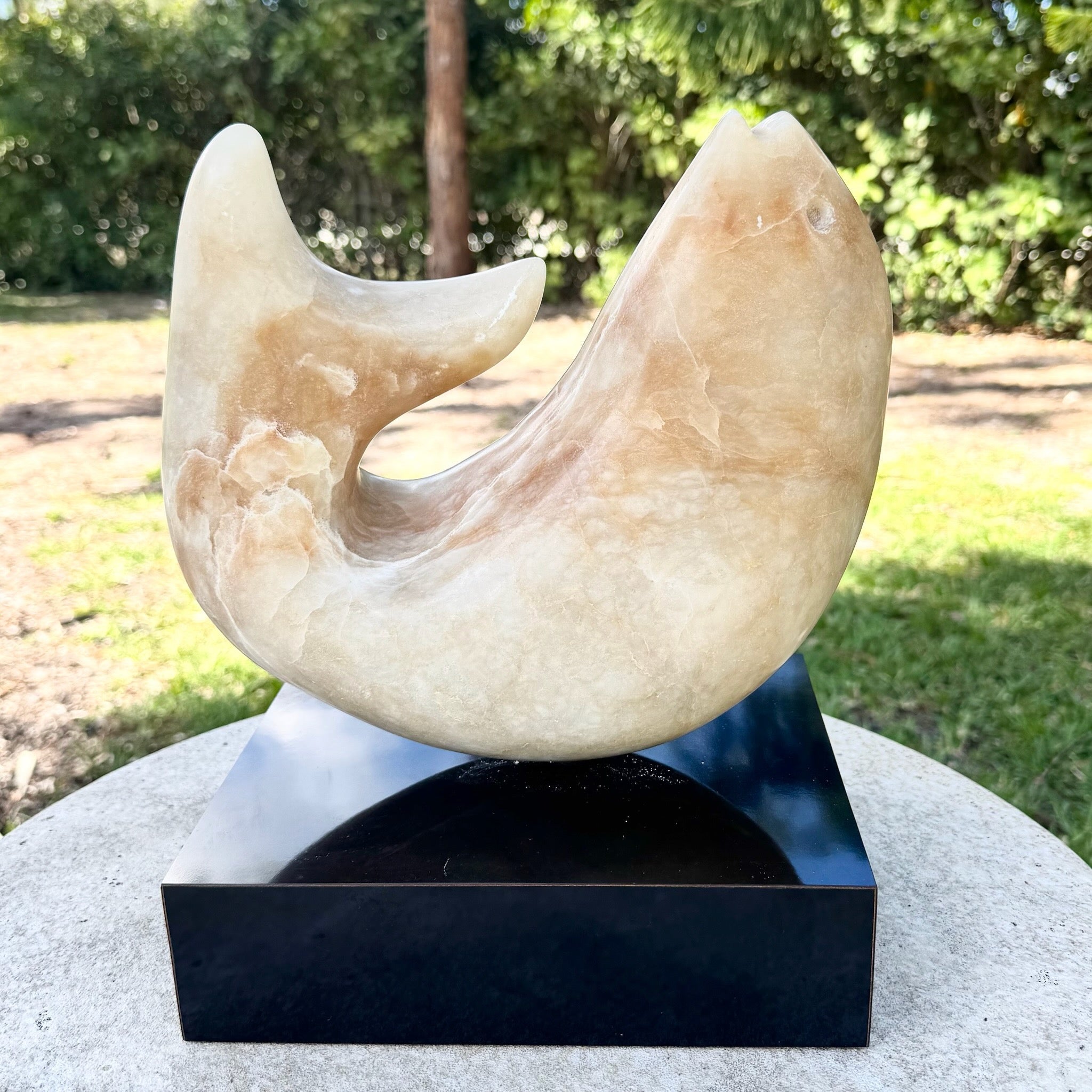 Vintage Modernist Hand Carved Marble Fish Sculpture or Black Laminate Base Dolphin & Flamingo