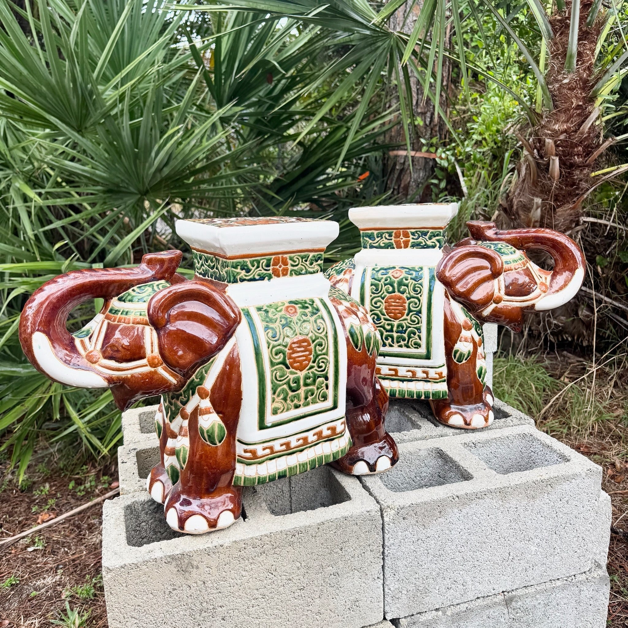 Boho Chic Painted and Glazed Ceramic Elephant Planters/Side Table - A Pair Dolphin & Flamingo