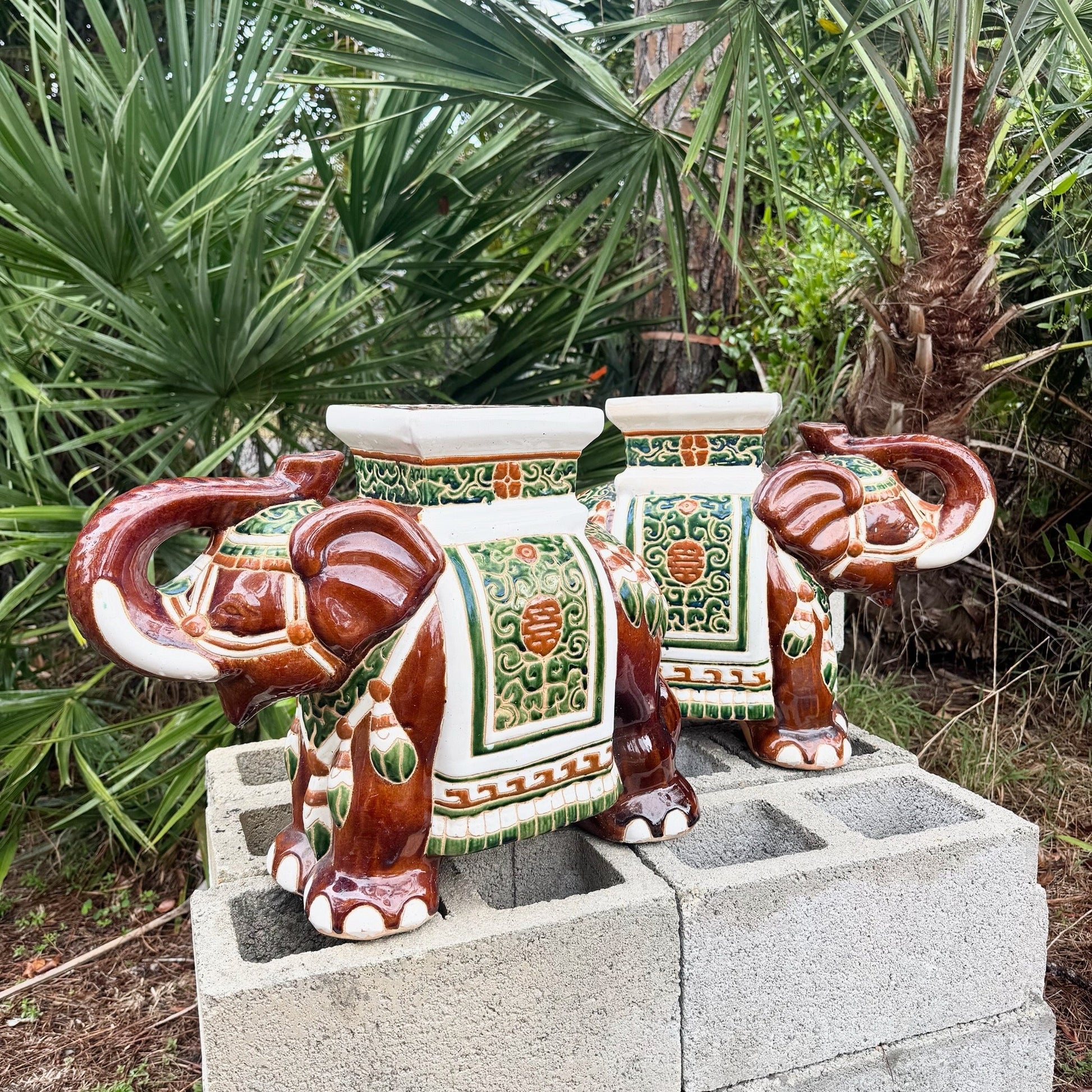 Boho Chic Painted and Glazed Ceramic Elephant Planters/Side Table - A Pair Dolphin & Flamingo