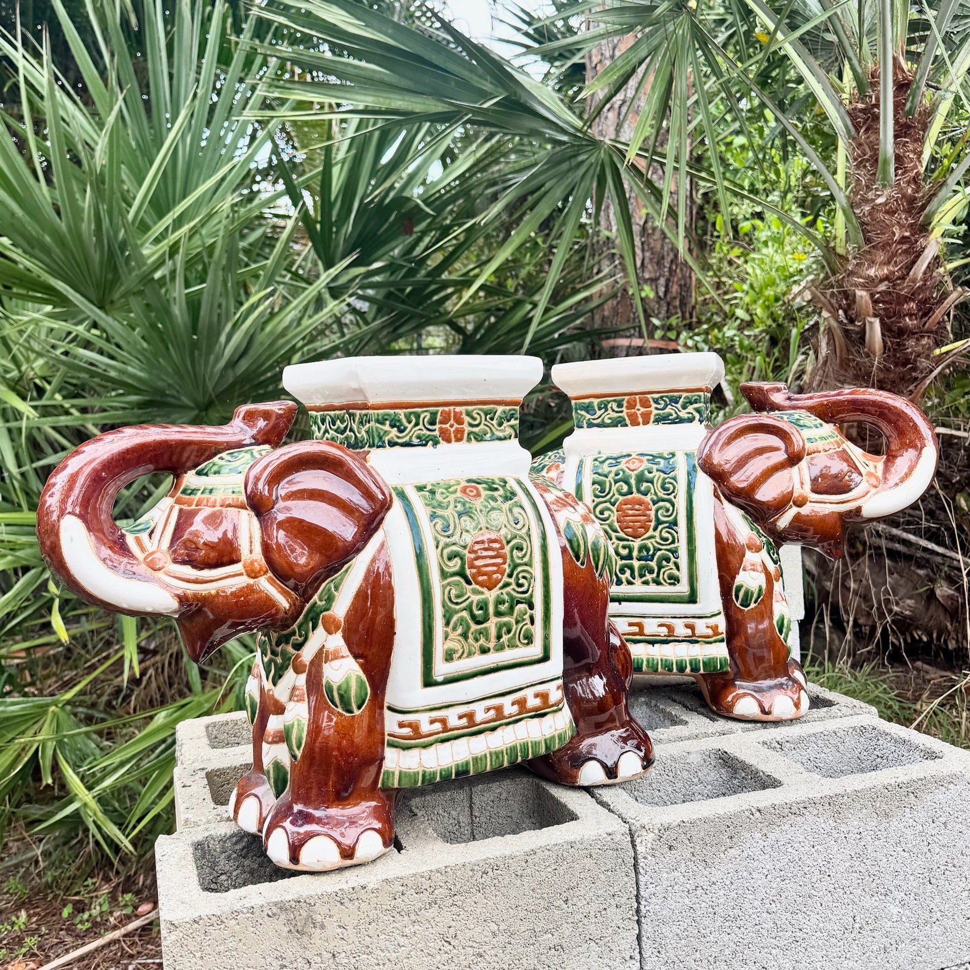 Boho Chic Painted and Glazed Ceramic Elephant Planters/Side Table - A Pair Dolphin & Flamingo