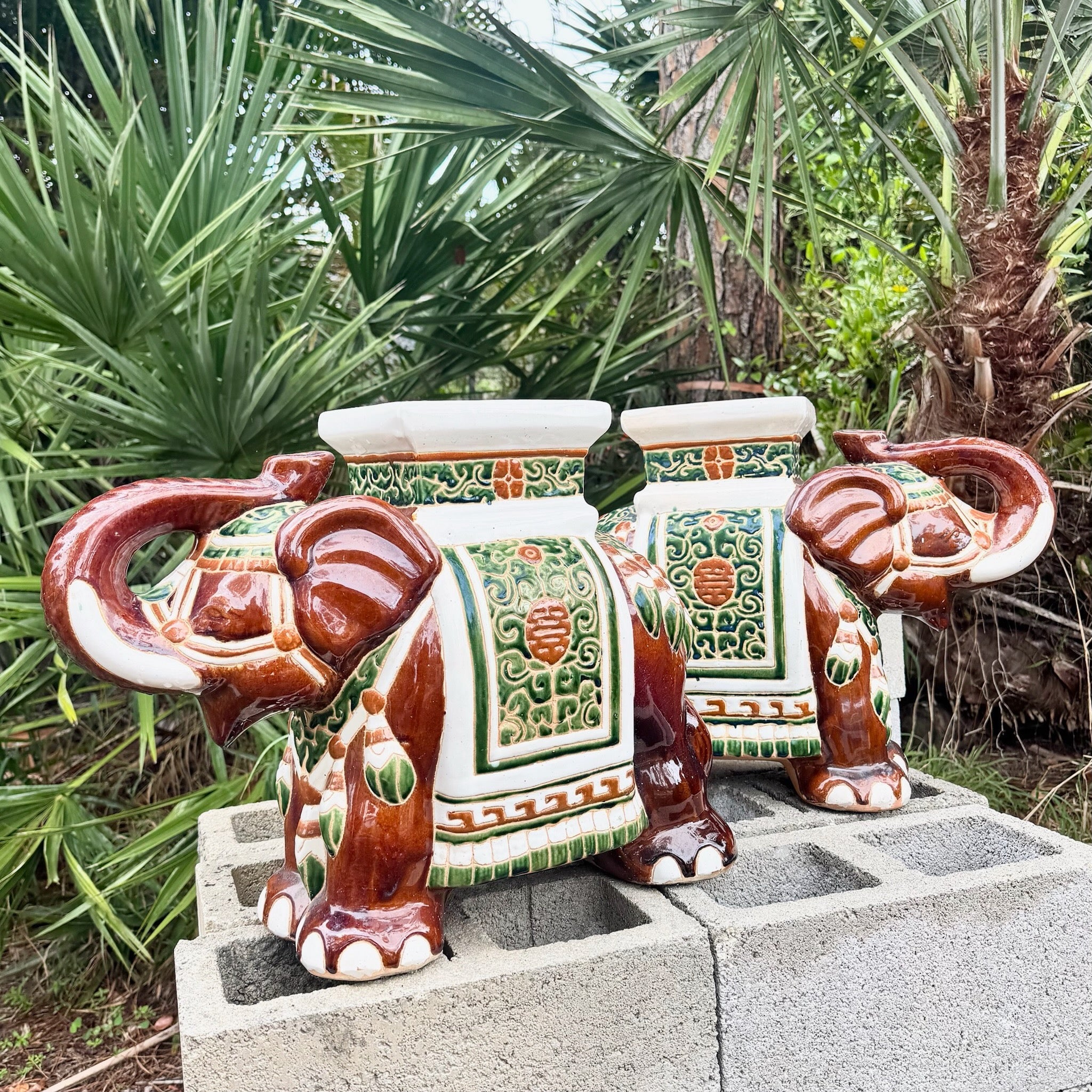 Boho Chic Painted and Glazed Ceramic Elephant Planters/Side Table - A Pair Dolphin & Flamingo