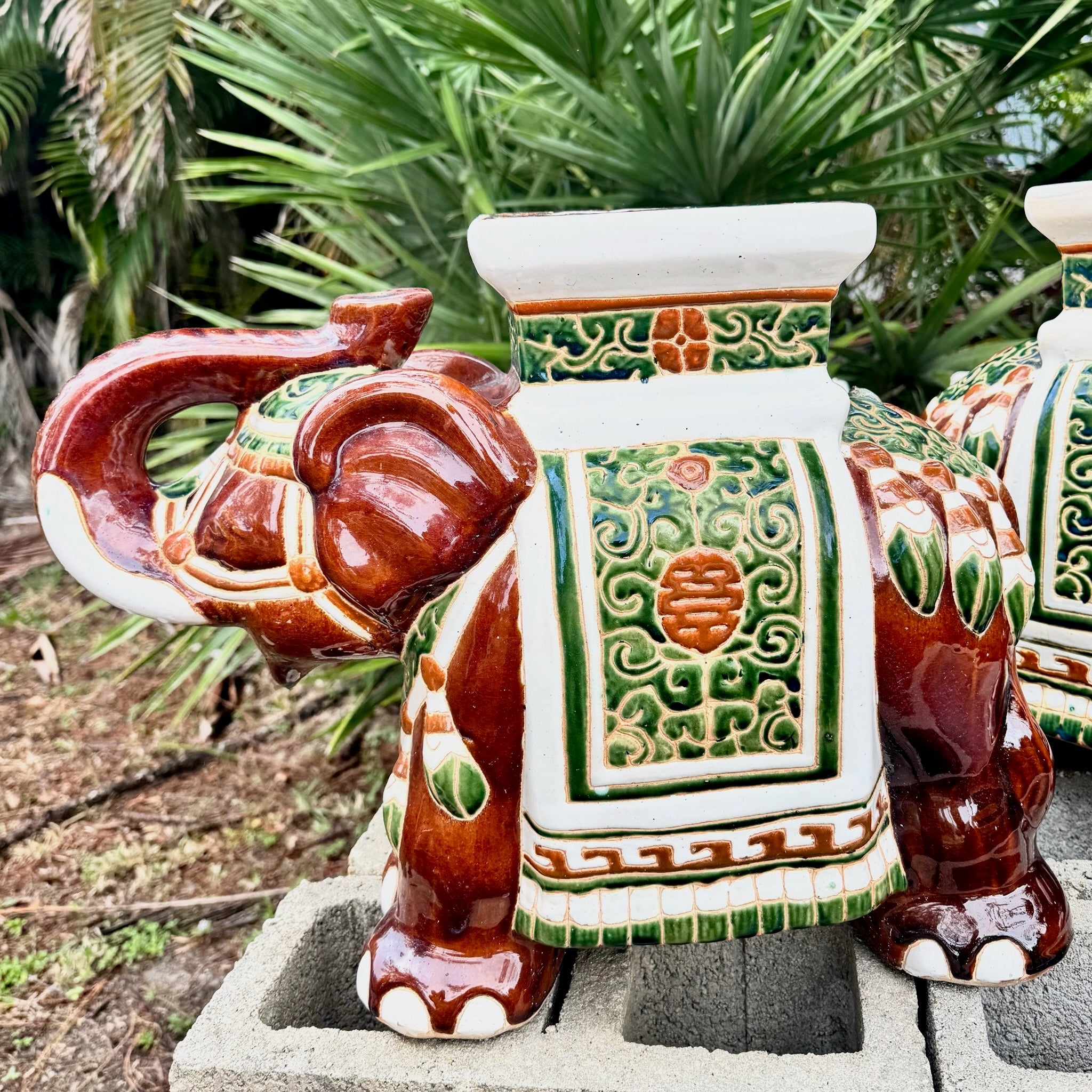 Boho Chic Painted and Glazed Ceramic Elephant Planters/Side Table - A Pair Dolphin & Flamingo