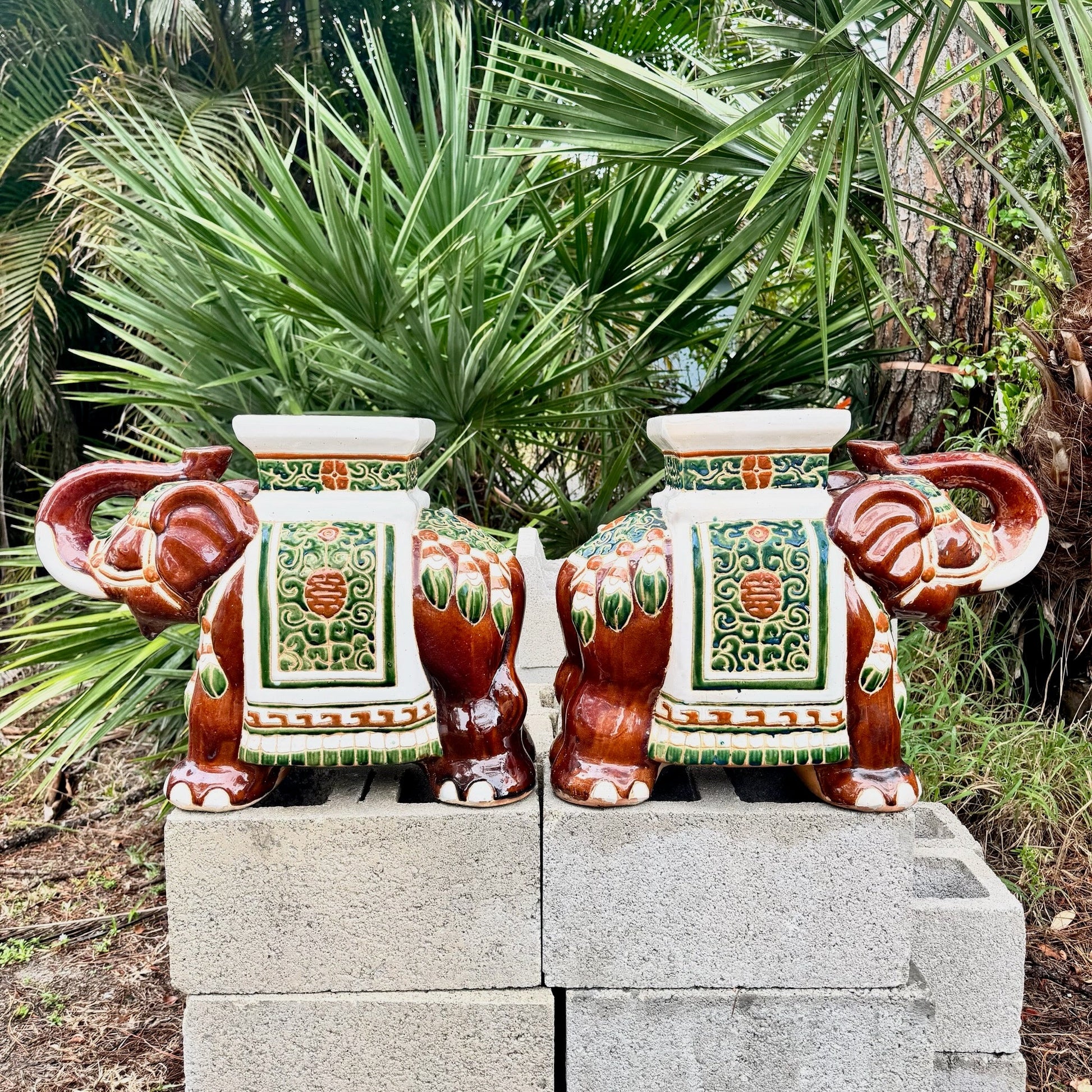 Boho Chic Painted and Glazed Ceramic Elephant Planters/Side Table - A Pair Dolphin & Flamingo