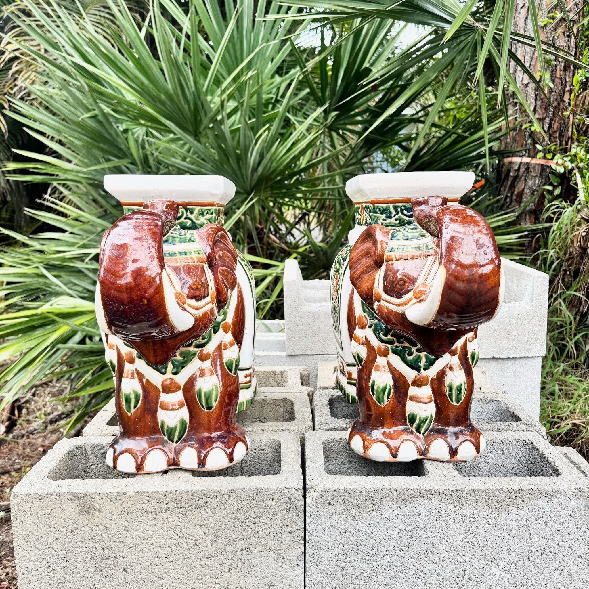 Boho Chic Painted and Glazed Ceramic Elephant Planters/Side Table - A Pair Dolphin & Flamingo